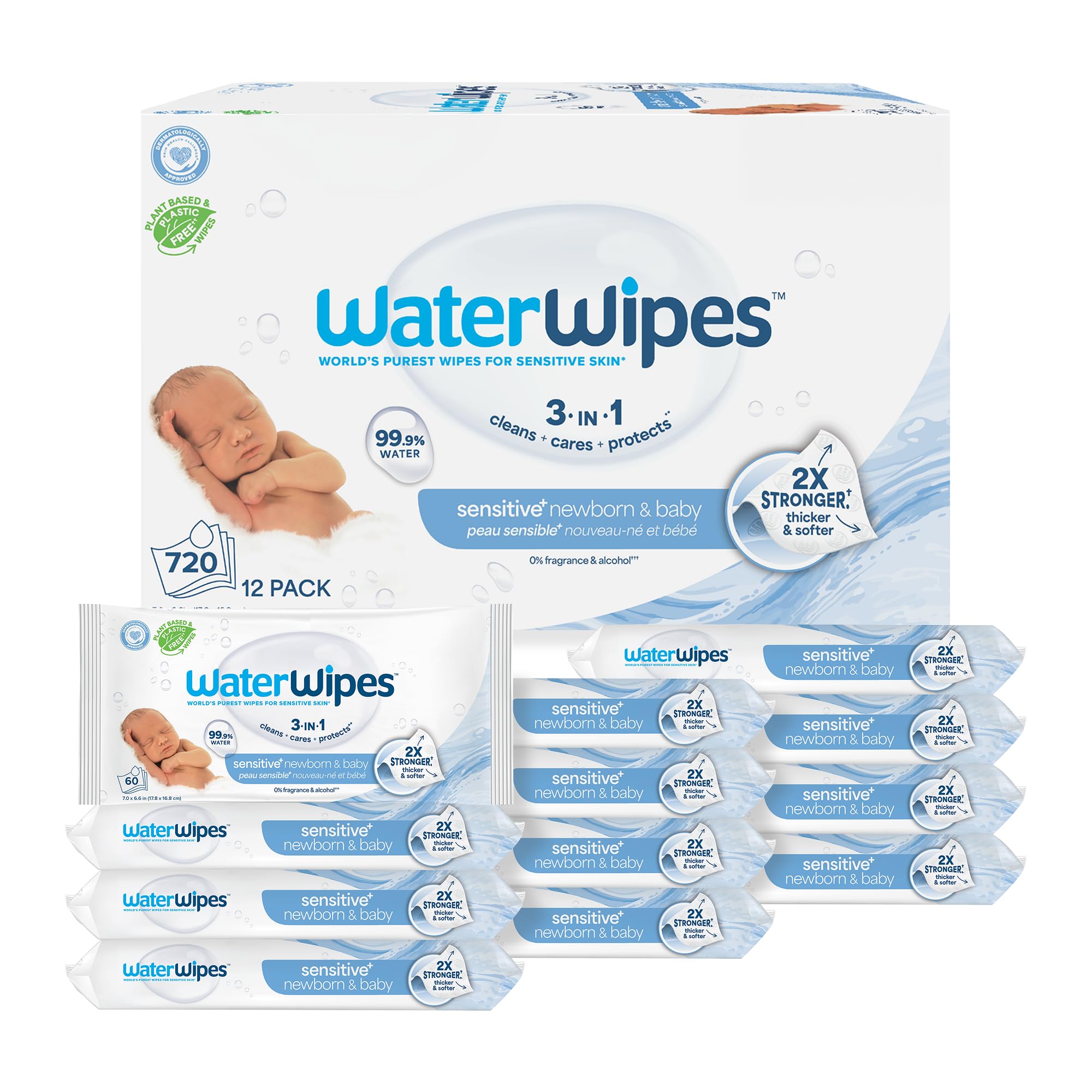 WaterWipes Sensitive+ Newborn & Baby Wipes, 3-In-1 Cleans, Cares, Protects, 99.9% Water, Unscented & Hypoallergenic, 720 Coun