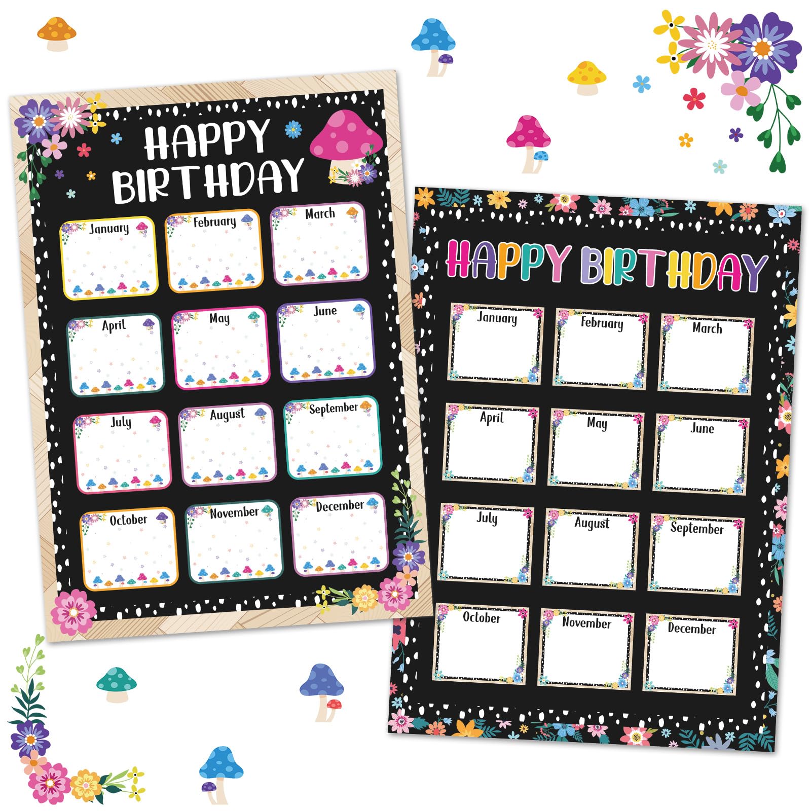 2 Pack Birthday Poster Chart for Classroom Happy Birthday Decoration Birthday Calendar Poster Chart Classroom Decor Happy Birthday Bulletin Board Decor, 12.4 x 17.5 Inch (Wildflower)
