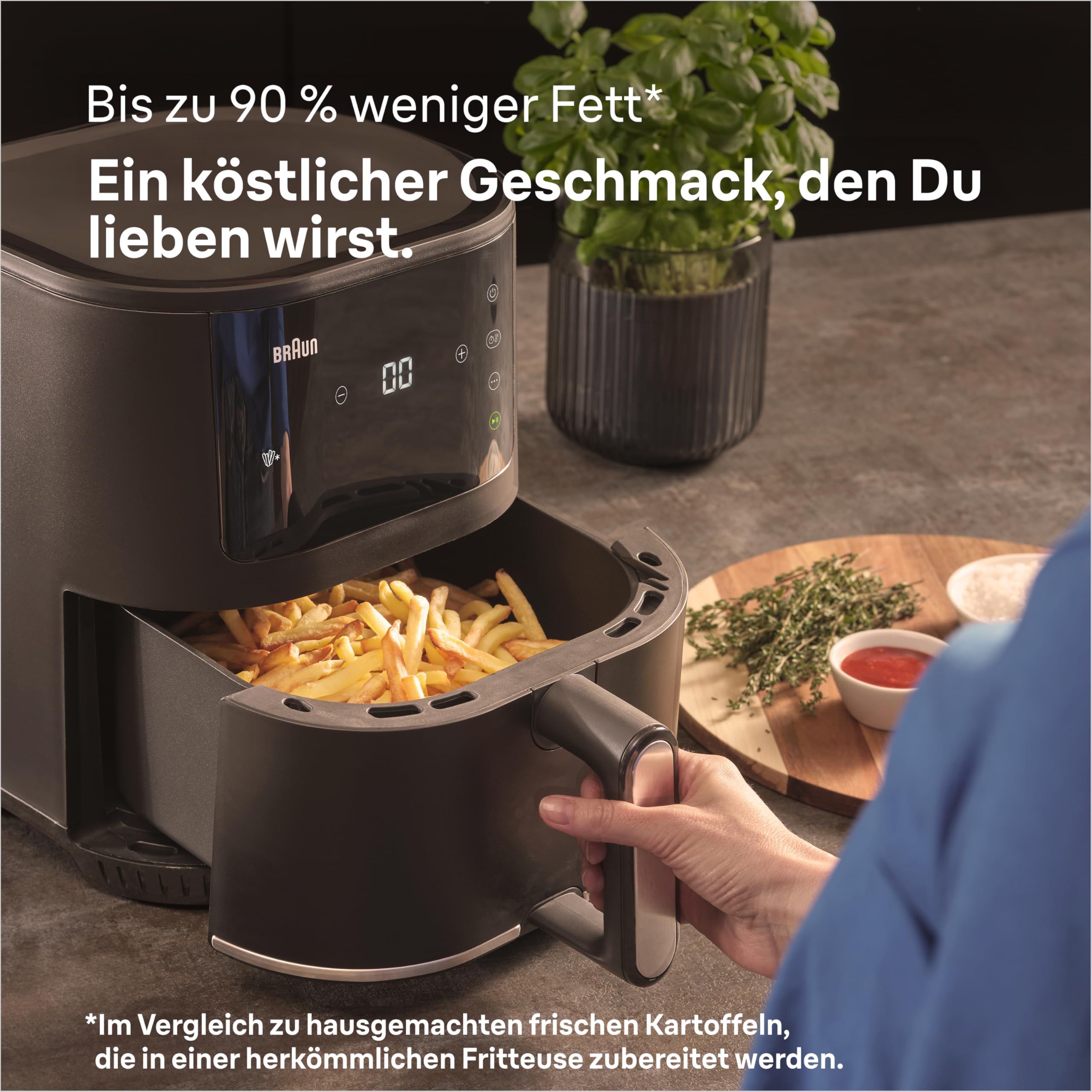 Braun Heißluftfritteuse MultiFry 3 HF 3030, 4,3 L, 1500W, digitale Temperaturregelung, 80-200°C, Timer, 8 Programme, Touch Control, Antihaftbeschichtung, Garkorb & Rost spülmaschinenfest, Schwarz