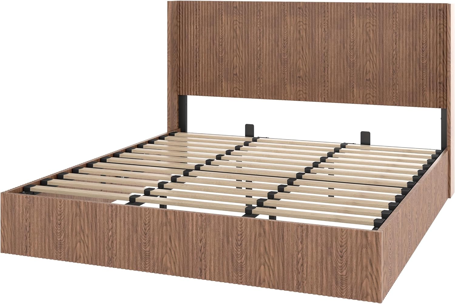 KEIKI King Size Lift Bed Frame with Headboard, Smooth Pneumatic Lifting Mechanism and Ample Storage – No Noise, Space-Saving Design with Wooden Platform – Walnut