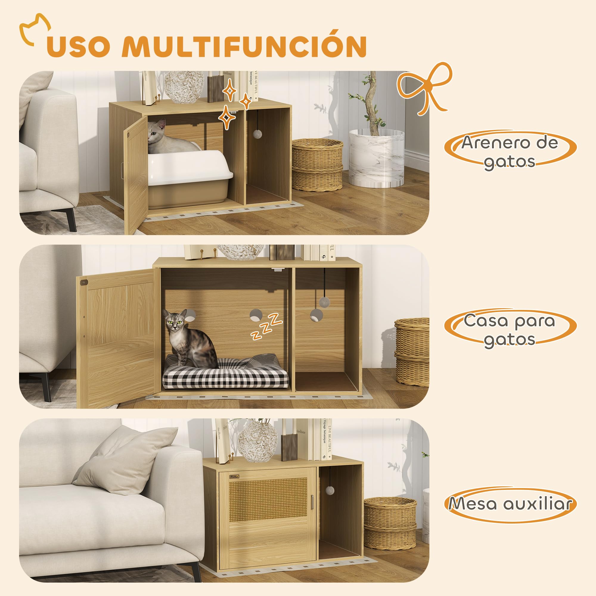 PawHut Mueble Arenero para Gatos Puerta de Ratán 80x50x50 cm Roble | Caja de Arena para Gatos, Almohadilla para Rascar, Mesa Auxiliar, Salón, Dormitorio