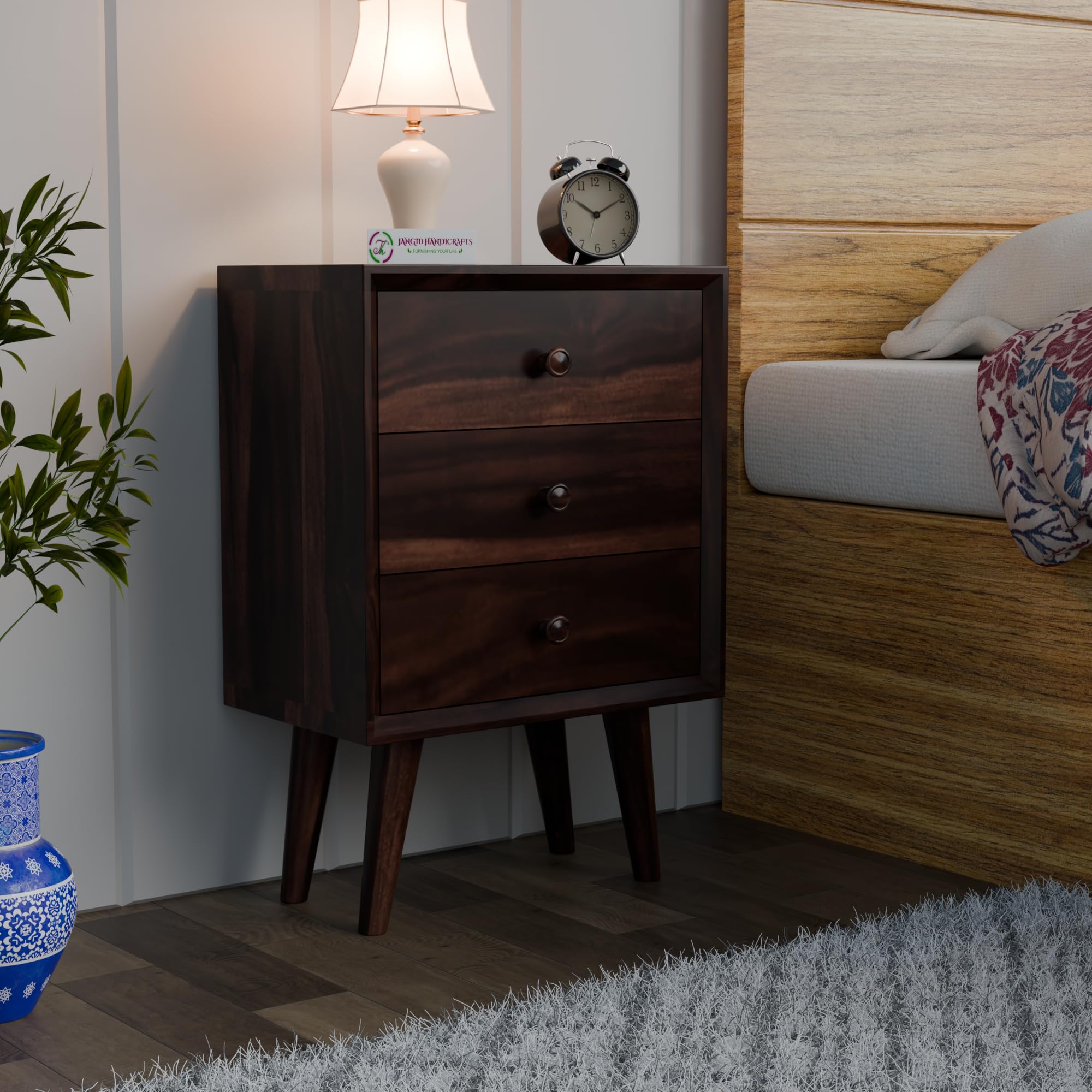 Jangid Handicraft Solid Sheesham Wood Bedside Table for Bedroom | Wooden Bed Side Nightstand End Table with 3 Drawer Storage for Home & Living Room | Sofa Side Table | Rosewood, Walnut Finish-picture-19