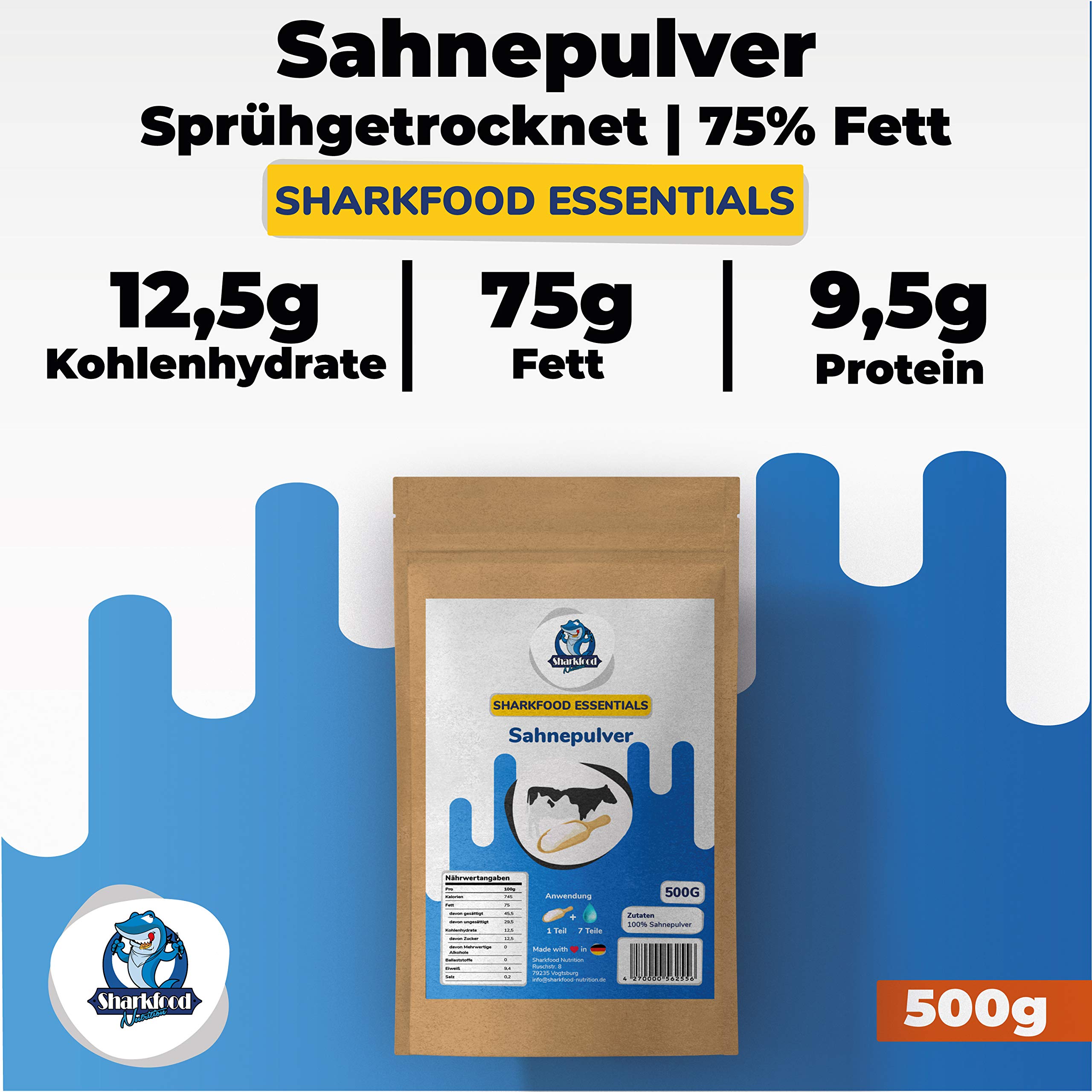 Sharkfood Sahnepulver 1000 g– 75% Fettgehalt – ohne Zucker – Sahneersatz – für Desserts, Suppen, Saucen, Schlagsahne, Schokolade herstellen 1 kg