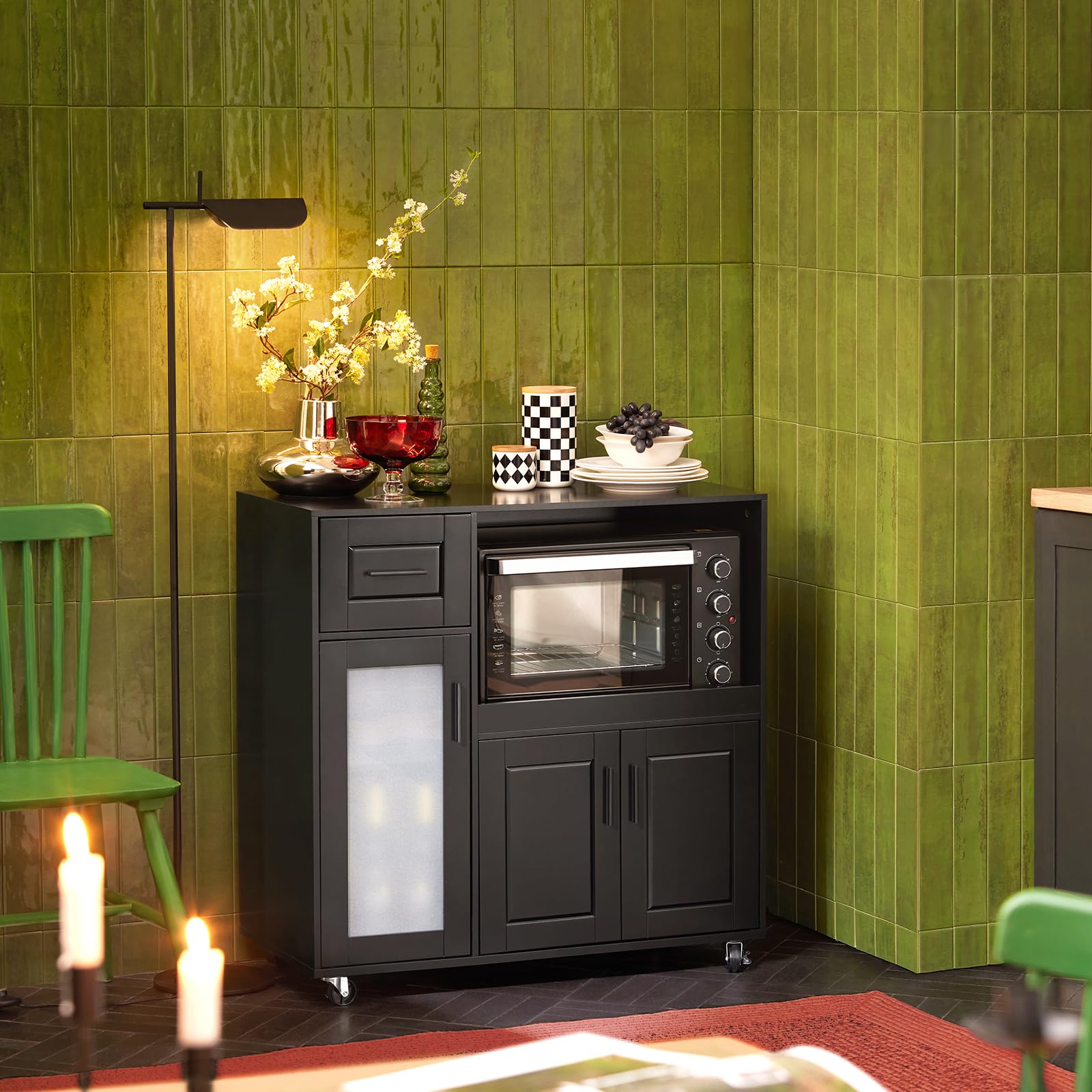 SoBuy Isla de Cocina con Ruedas, Mueble Auxiliar de Cocina, Desserte con Ruedas, Soporte para Microondas, Carrito Móvil para Sala de Comedor y Oficina en Casa 88,5 x 40 x 89 cm Negro FSB78-SCH