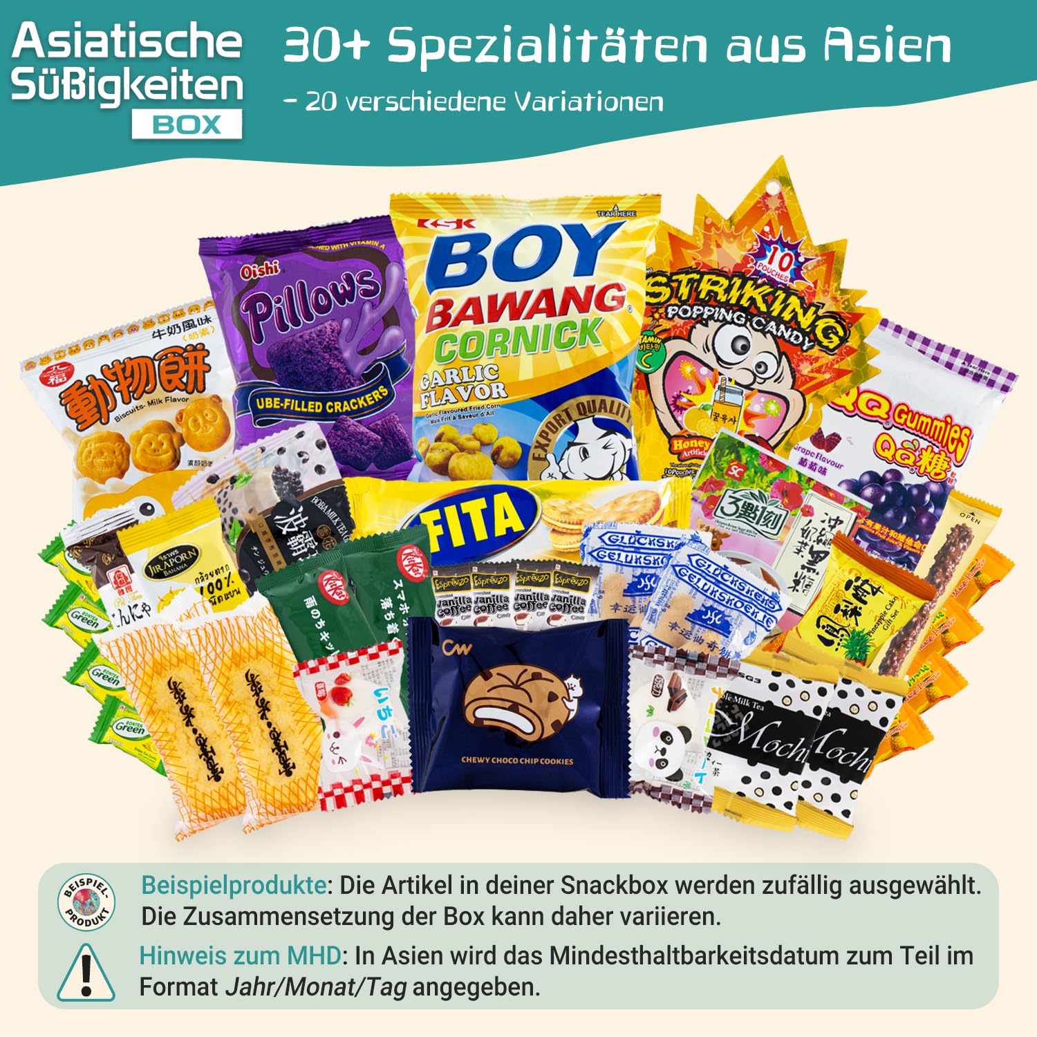 Asiatische Süßigkeiten Box mit über 30 Snacks - Asia Candy Mix mit Chips, Schokolade, Crackern und Keksen aus Korea, Taiwan, Japan, China, Thailand, Indien uvm. - Probierbox Spezialitäten aus Asien