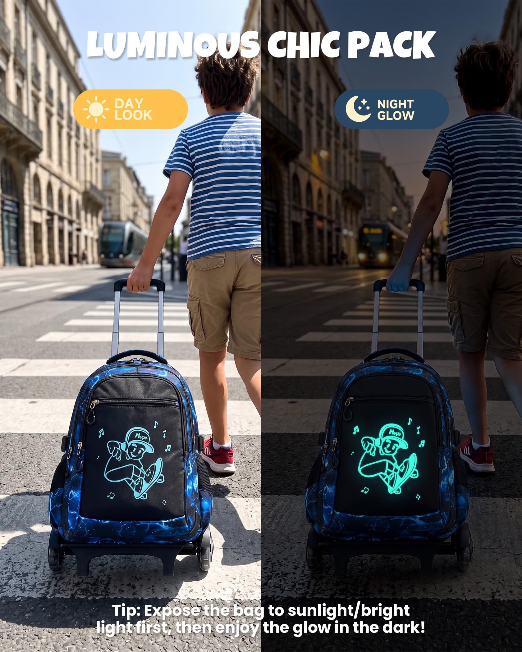 Amythe Schulrucksack Trolley Jungen, 6-Rollen für Treppen, mit Reflektoren | Schulrucksack mit Rollen für Jungen 9-16 Jahre (3.-9. Klasse), abnehmbarer Schultrolley, Schulranzen-Set für Schule Reisen