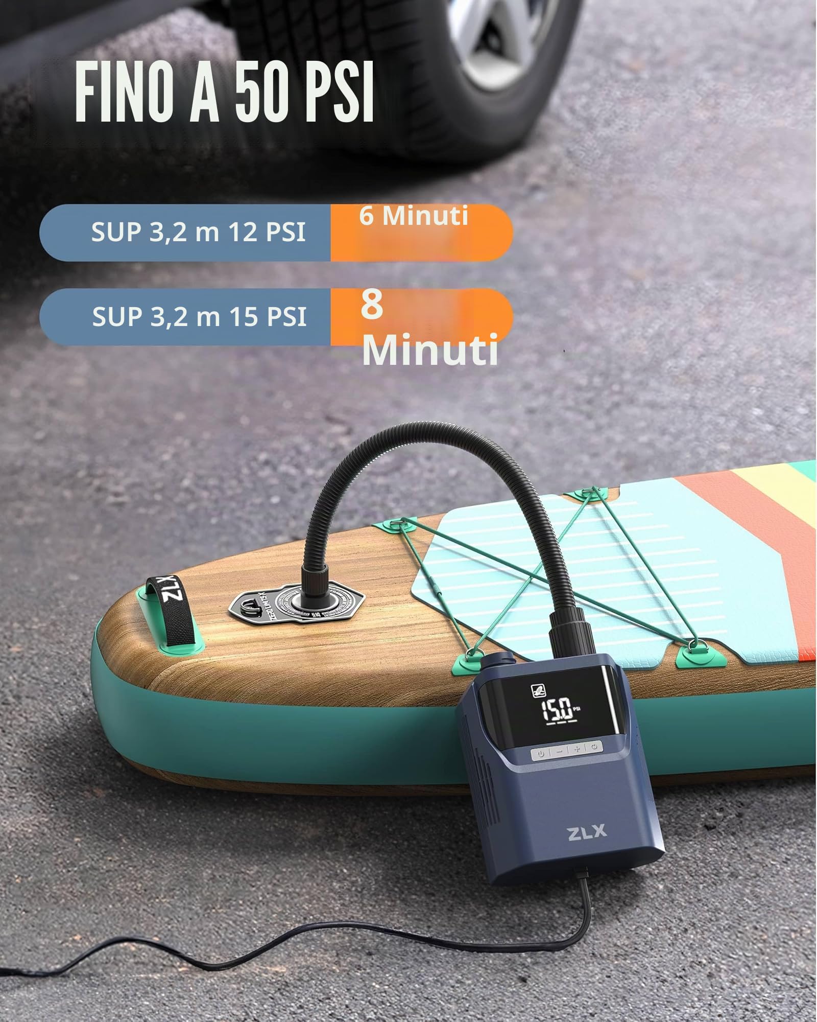 ZLX Pompa Elettrica SUP 50PSI, Compressore Aria Portatile, Con Cavo Auto 3m 12V DC, Alta Pressione, Pompa per Tavole Gonfiabili, Kayak, Barche, Tende, Materassi ad Aria