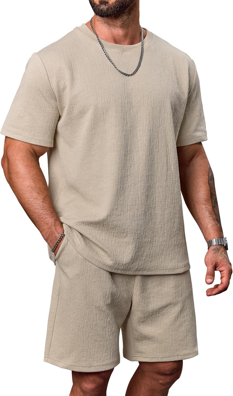 Mens 2 Piece Sets Loose Fit Textured Heavyweight Tshirt & Drawstring 7'' Shorts Casual Summer Outfits (S-XXL)