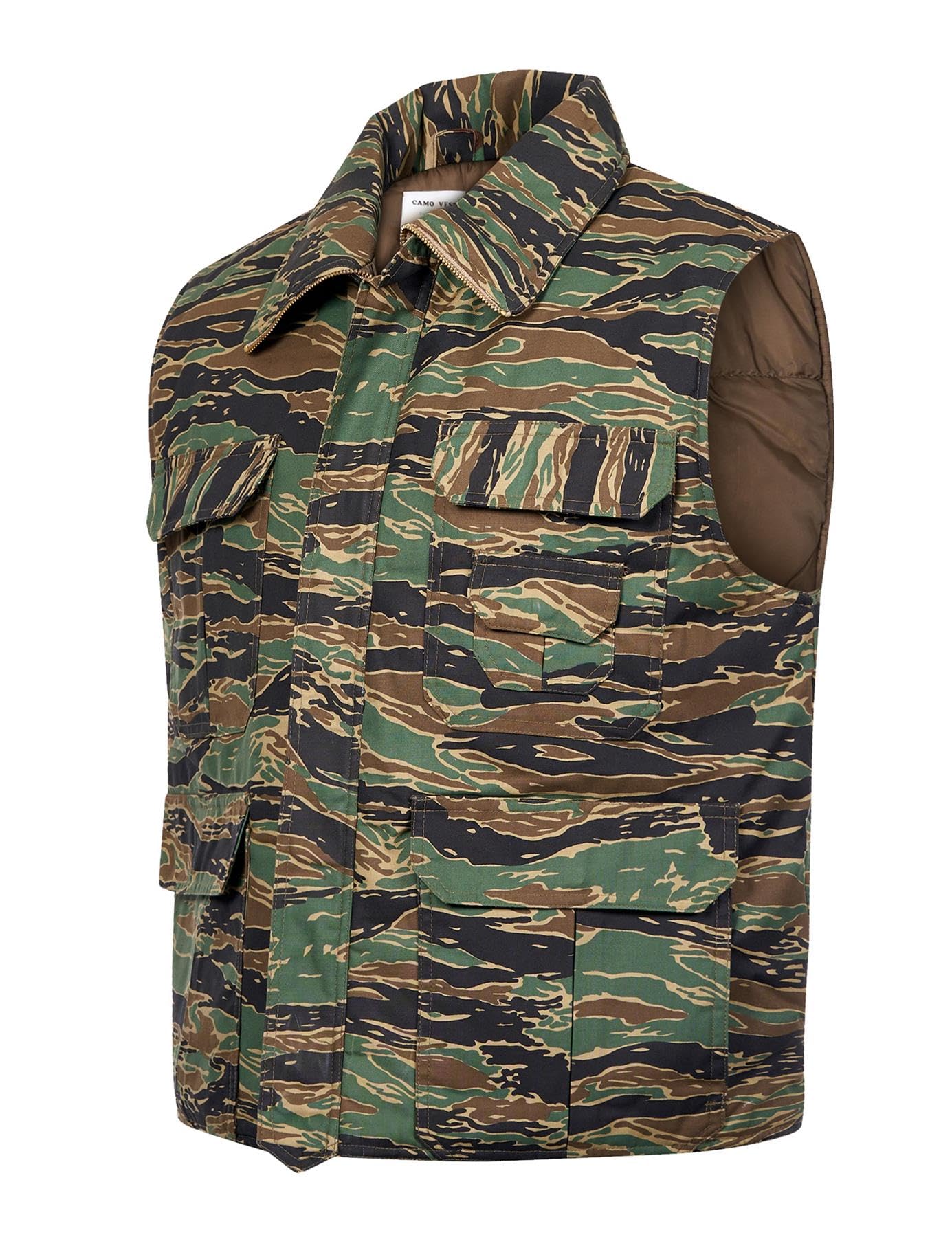 VINTIKA Men’s Padded Body Warmer Military Combat Vest - Multi Pocket Unisex Camo Army Gilet Hiking Waistcoat - Tiger Stripe Camo - 4XL