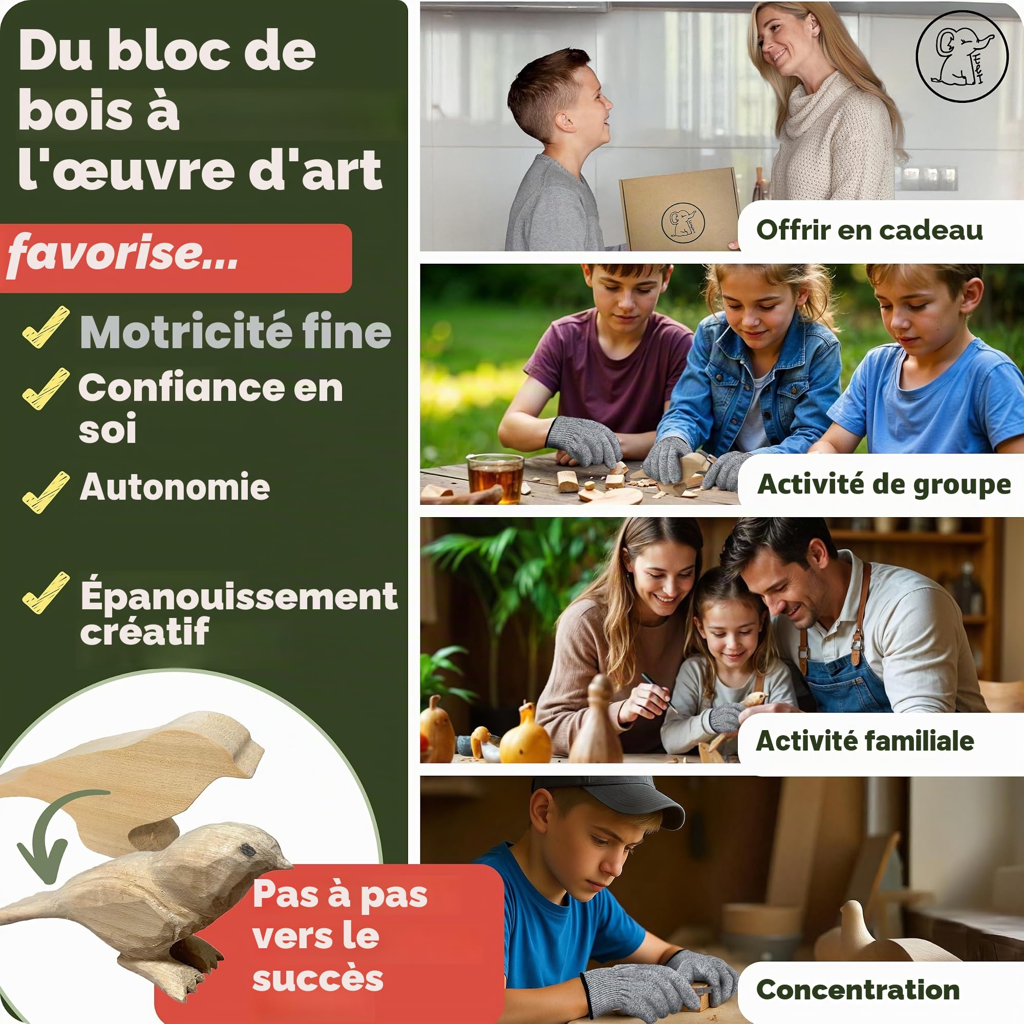 Eli Kit de sculpture pour enfants (17 pièces) avec instructions (français non garanti) – Ébauche en bois – 12 outils de qualité supérieure – Couteau de sculpture avec pierre