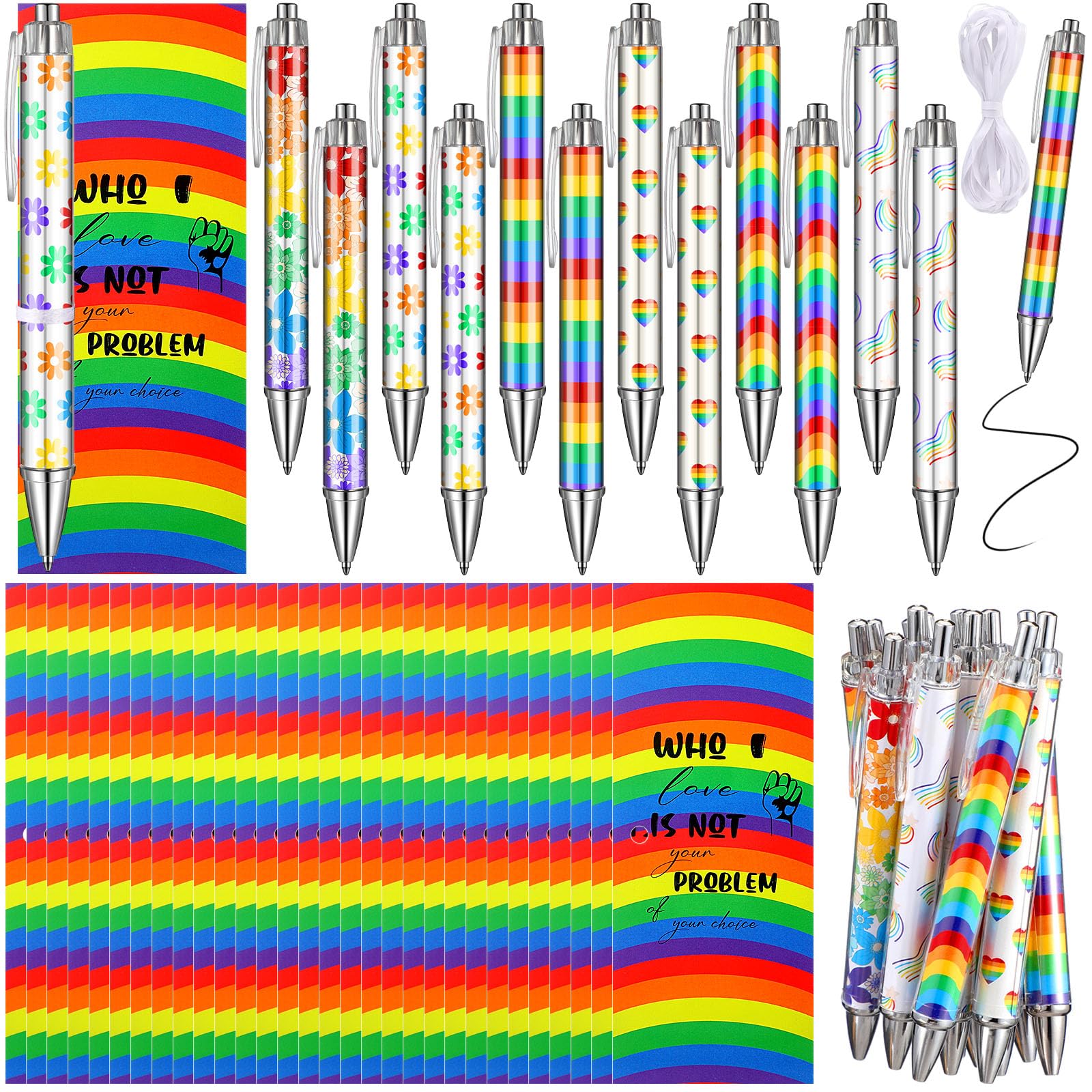 Sayglossy 60 Pcs Rainbow Pride Gifts Include 30 Gay Pride Ballpoint Pens, 30 LGBT Cards Rainbow Party Favors colorful flower heart Retractable Pens