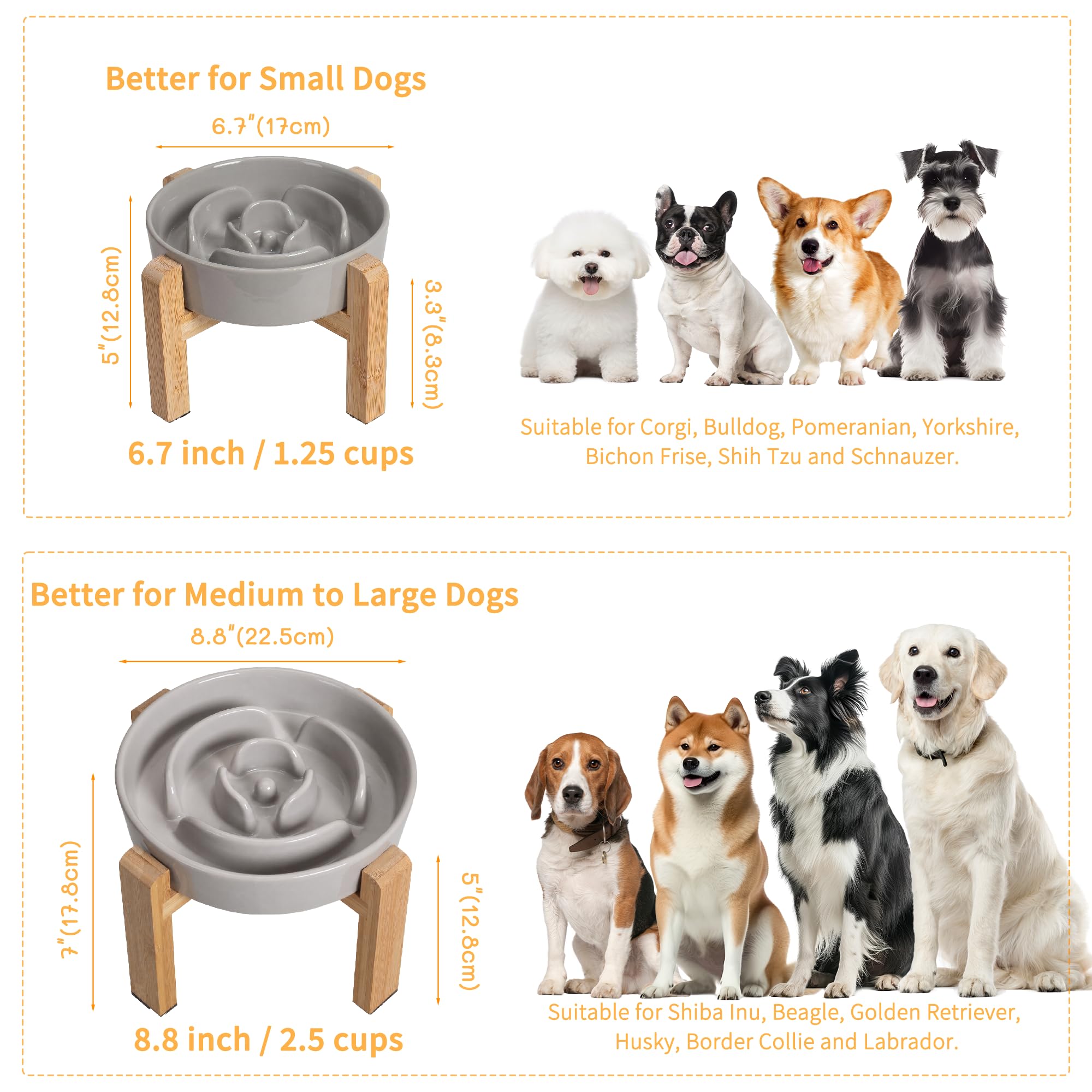 Podwyższona miska na karmę dla psów z ceramiki, antypoślizgowa, z bambusowym stojakiem, do powolnego jedzenia, miska na karmę dla średnich i dużych psów, szara, średnica 22,5 cm
