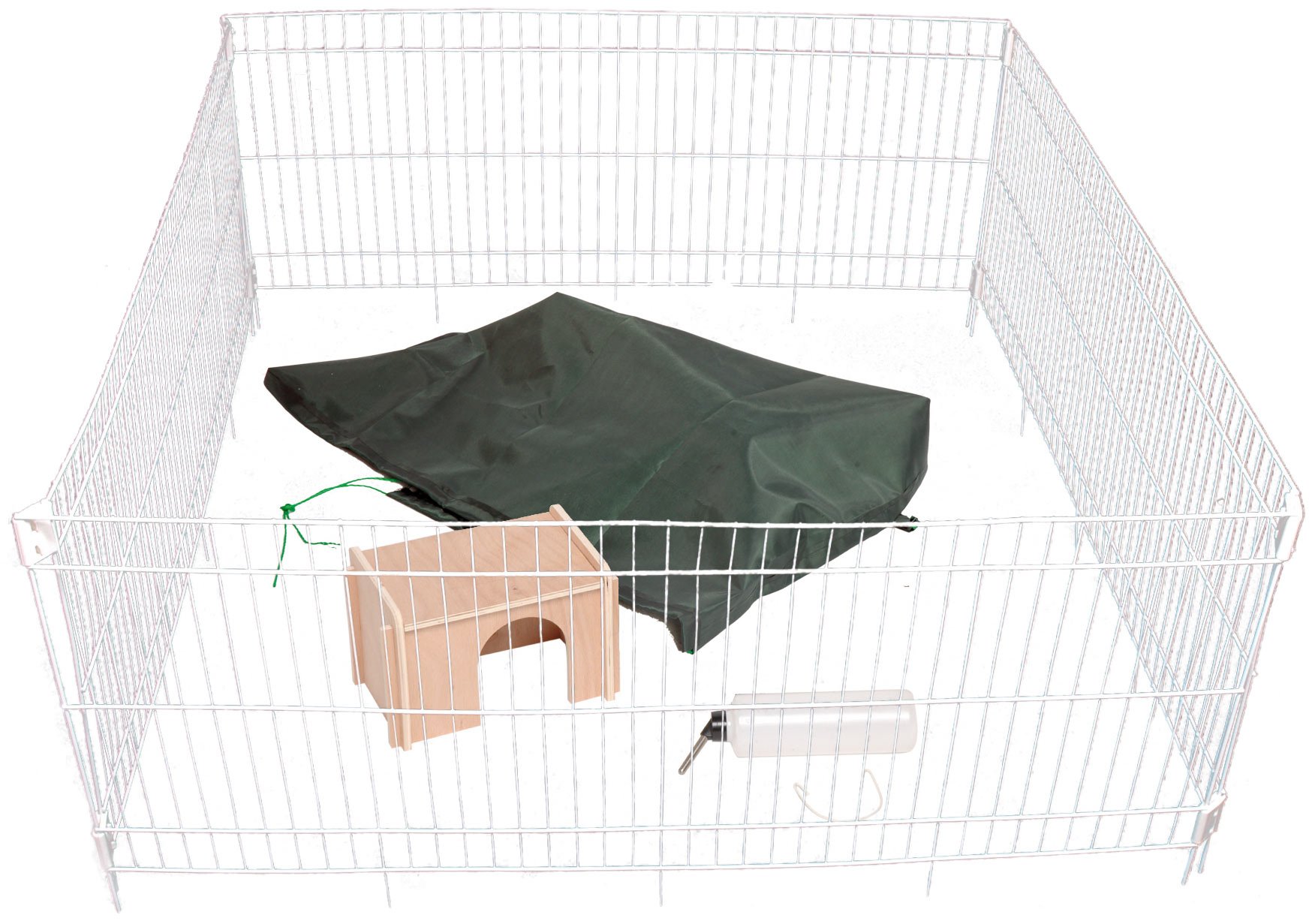 dobar 80607 Großes Kaninchengehege Set, vier eckig - Nylon Netz, Holzhäuschen und Trinkflasche, wetterfestes Hasengehege aus Metall, Außengehege XL, 119.5 x 119.5 x 52 cm, weiß