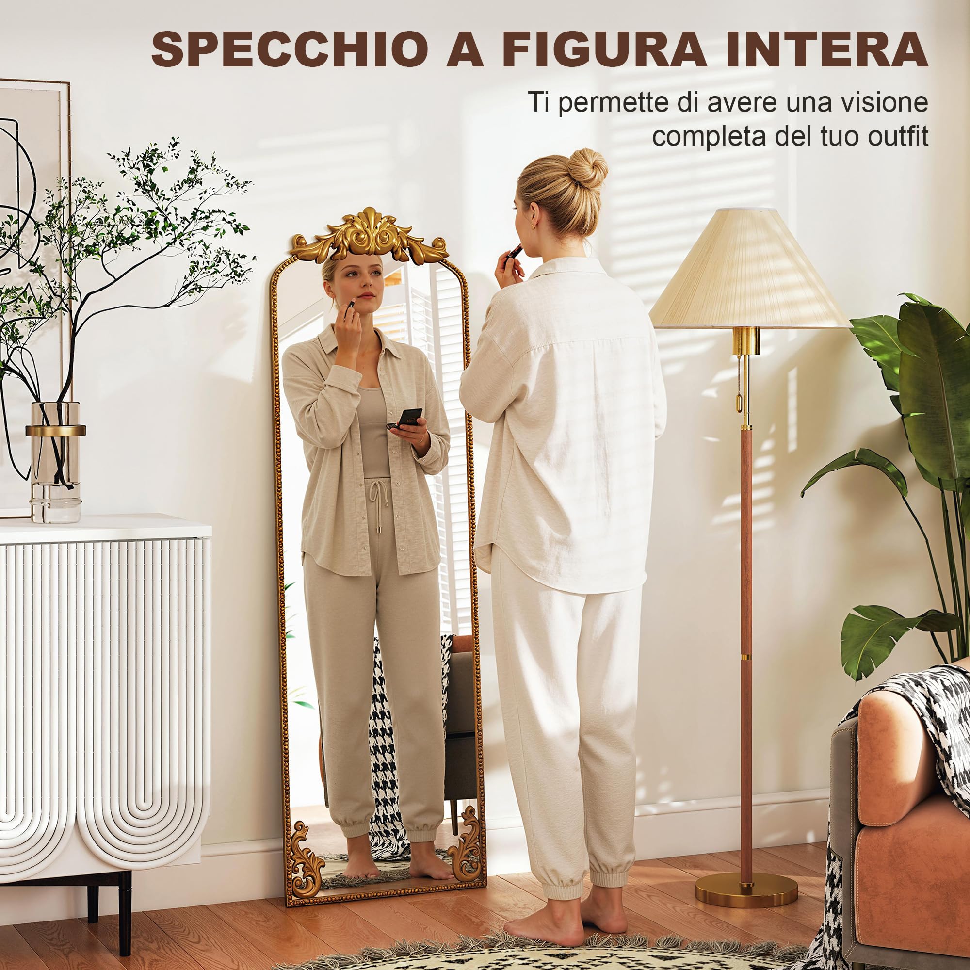 HOMCOM Specchio da Terra Stile Barocco 50x160 cm Parete Autoportante Oro | Figura Intera, Cornice in Metallo, Camera da Letto, Soggiorno, Ingresso