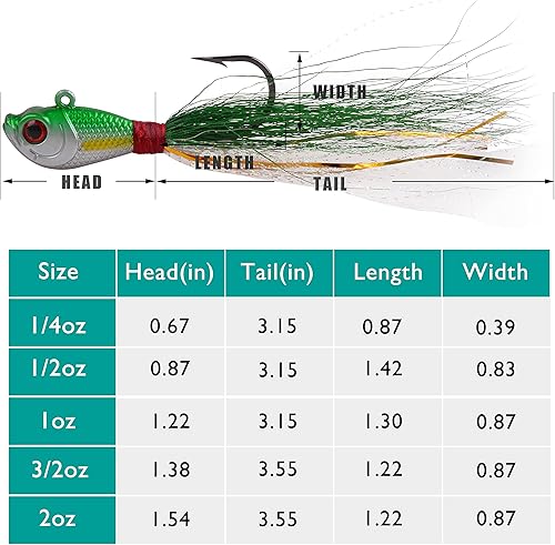 Miniatura 4 de Bucktail Jigs - Señuelos Fluke de agua salada, 5 piezas de cola de cubo, cebos para pesca de cabeza, kit surtido para pelotas, pesca de pescado