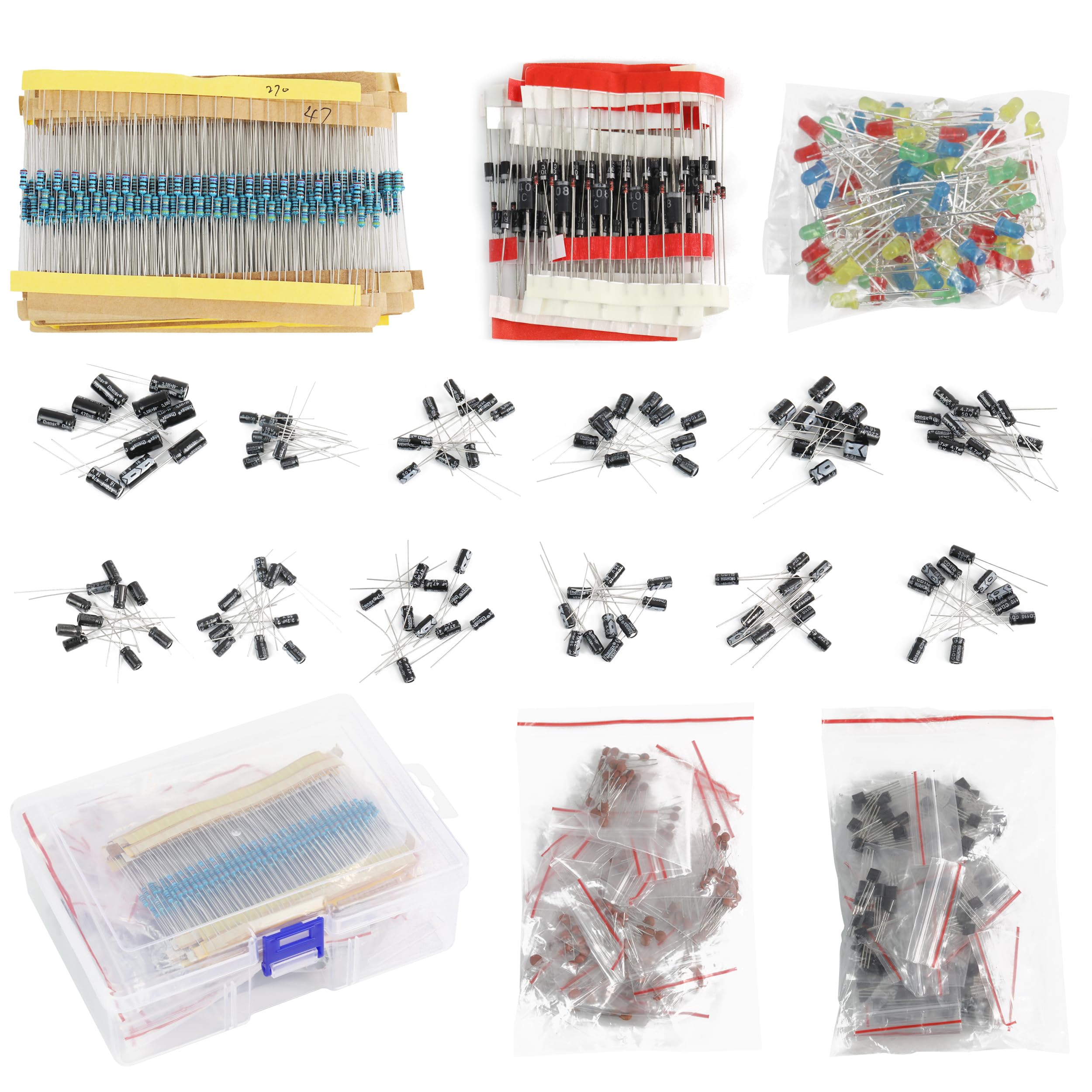 Cermant 1400Pcs 6 Values Electronics Component Assortment Kit,Electrolytic Capacitor, LED Diode, Common Diode, Resistor, Ceramic Capacitor, Transistor Component for Arduino, Electronic DIY Project