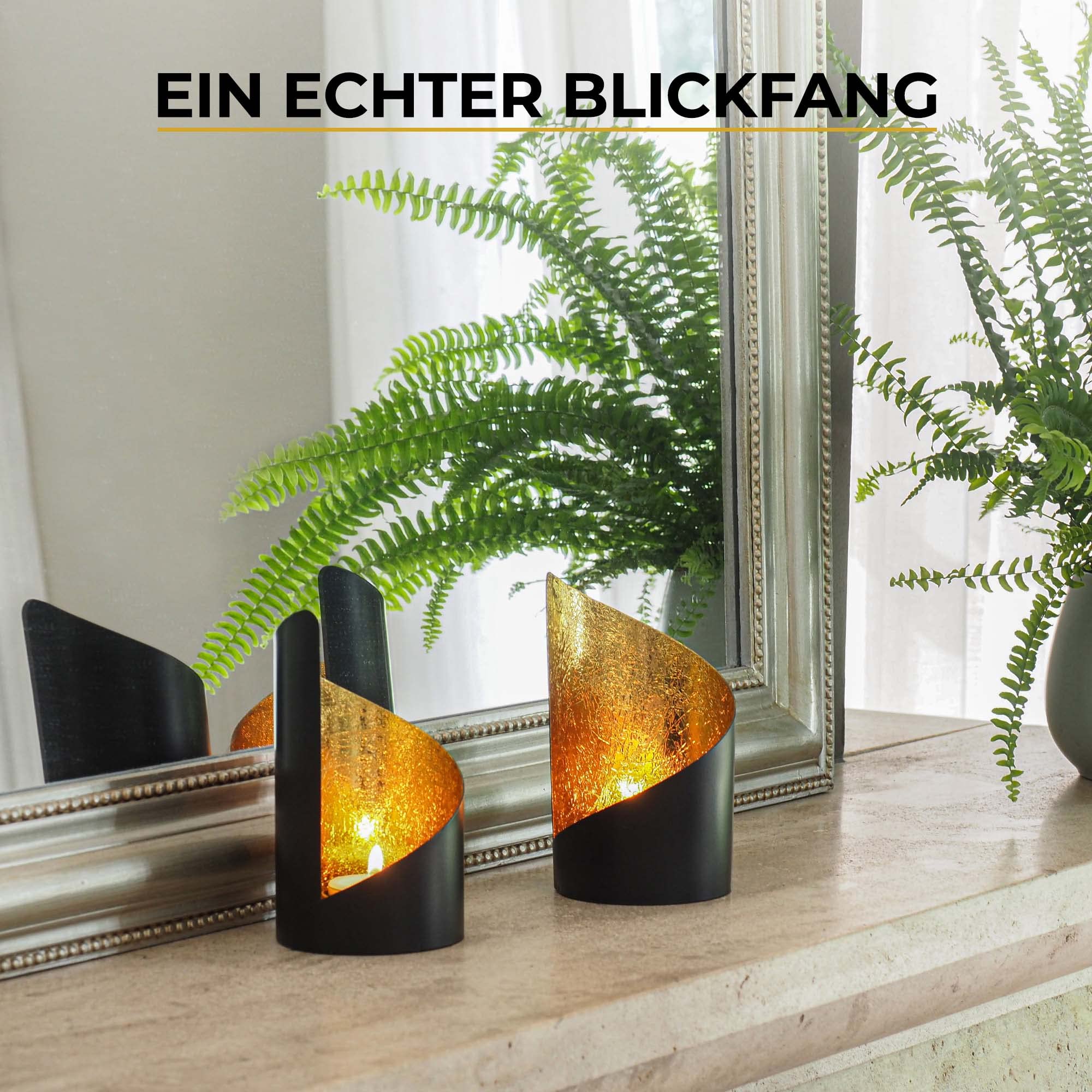 Gadgy Teelichthalter Schwarz Gold - Windlicht Esstisch Deko 2er Set - Teelichthalter Metall Wohnzimmer Modern - Windlicht Metall Deko schwarz - Tischdeko Windlichter schwarz - Wohndeko Set