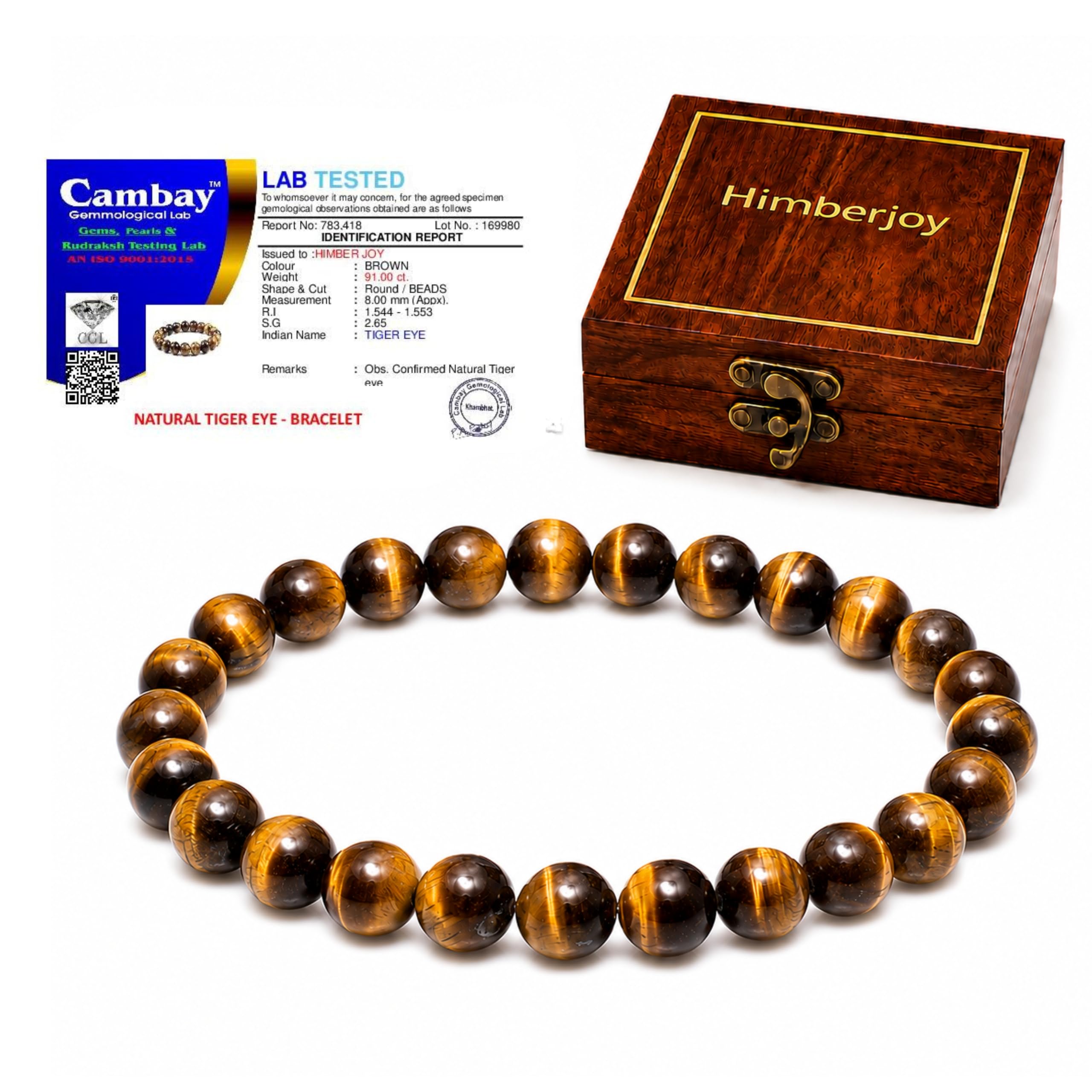 HimberJoy Original Tiger Eye Bracelet for Men & Women Japan Quality Thread - Lab Certified AAA+ Natural Crystal Stone Beads (8mm) - Protection, Confidence & Focus - Sheesham Wood Gift Box Included