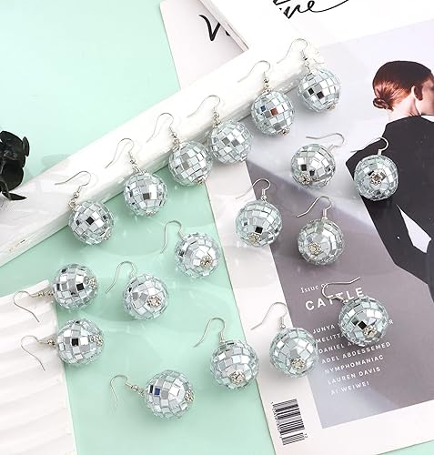 Miniatura 7 de FIRAZIO 9 pares de aretes de bola de discoteca de los años 70 para mujer, accesorios de disfraz de los años 60 y 70, aretes de Halloween, accesorios