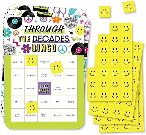 Big Dot of Happiness A través de las décadas - Tarjetas de bingo y marcadores - Juego de bingo de fiesta de los años 50, 60, 70, 80 y 90 - Juego de