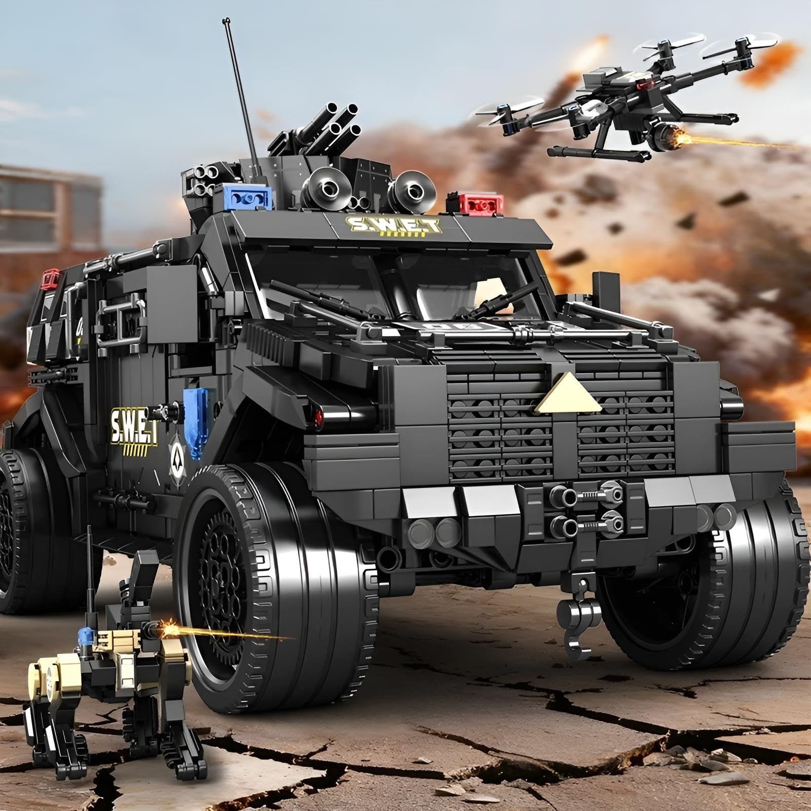 Kit di costruzione per auto della polizia, 1999 pezzi, veicoli corazzati, veicoli fuoristrada pesanti, oggetto decorativo, collezione hobby, idee regalo per gli amanti dell'esercito