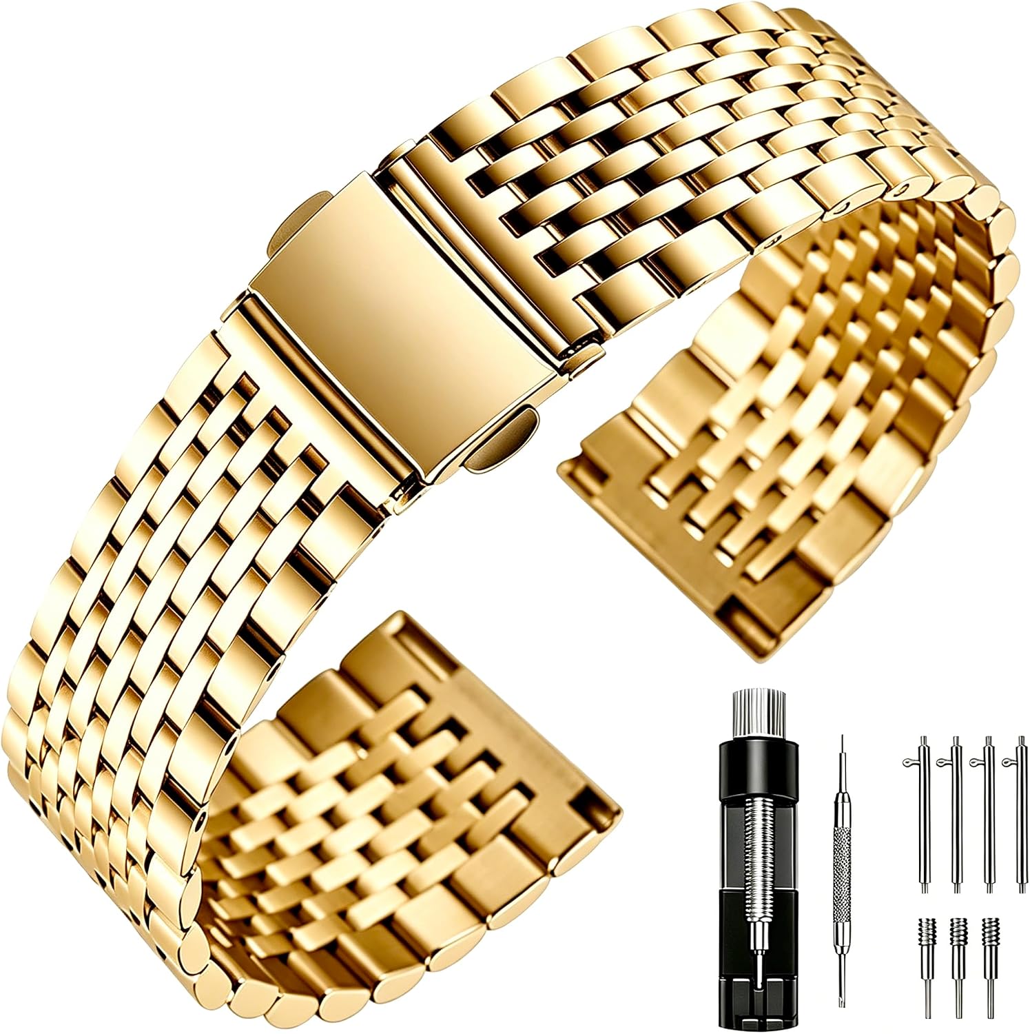 Juntan 20mm Stainless Steel Watch Band for Men Women, 9-Bead Polished Quick Release Watch Strap, Elegant Replacement Bracelet with Folding Clasp
