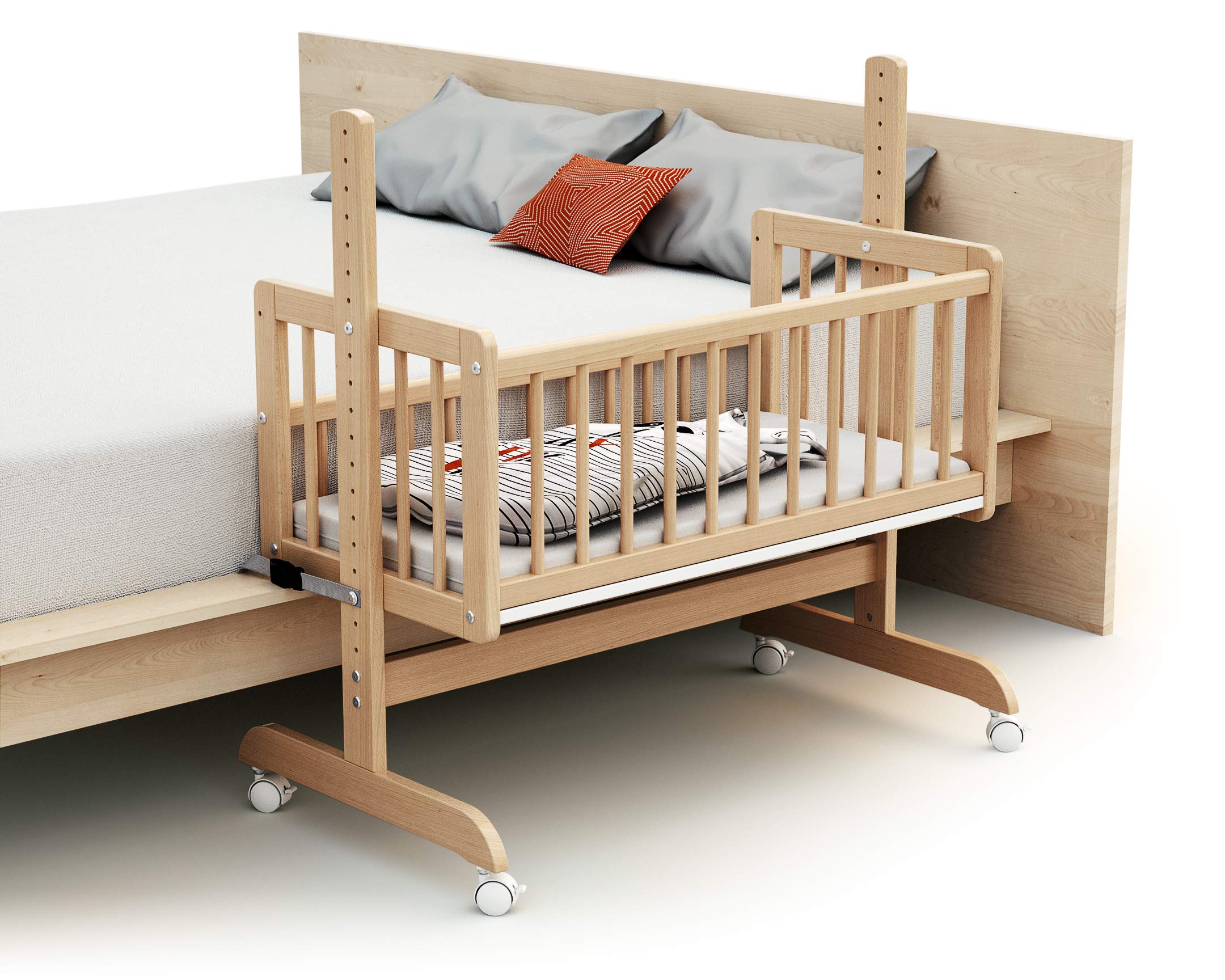 AT4 - Weige Babybett Beistellbett Holz mit Matratze Essentiel Lackierte Buche | 5 in 1 Wiege |Holz | Babybett mit Matratze | Höhenverstellbar | 80x40cm