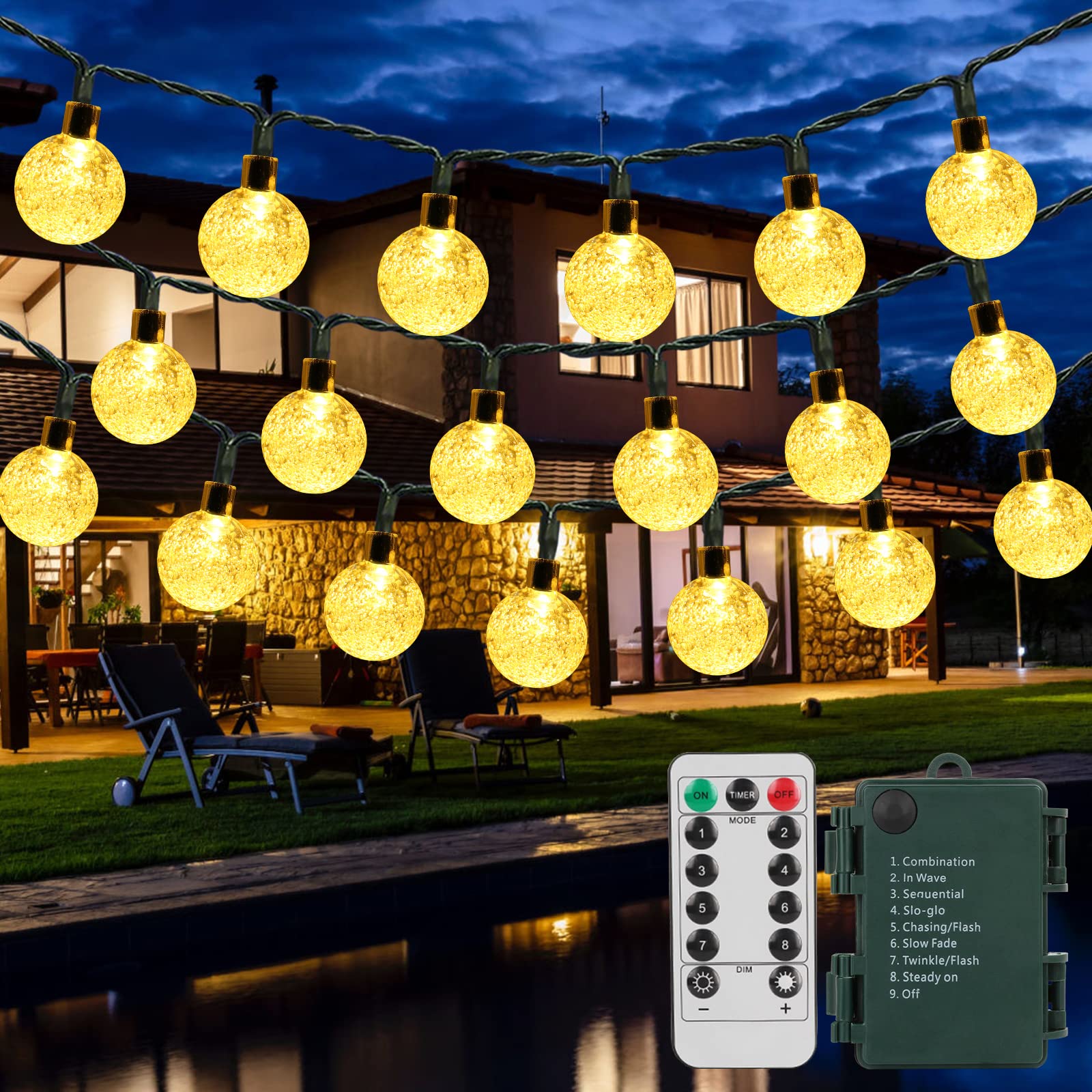 Guirlande Lumineuse 8M, 60 LED À Piles Boule De Cristal Lumière avec Télécommande 8 Modes Imperméable IP65 Ampoules, pour Noël Intérieur Extérieur Jardin Décoration, Mariage