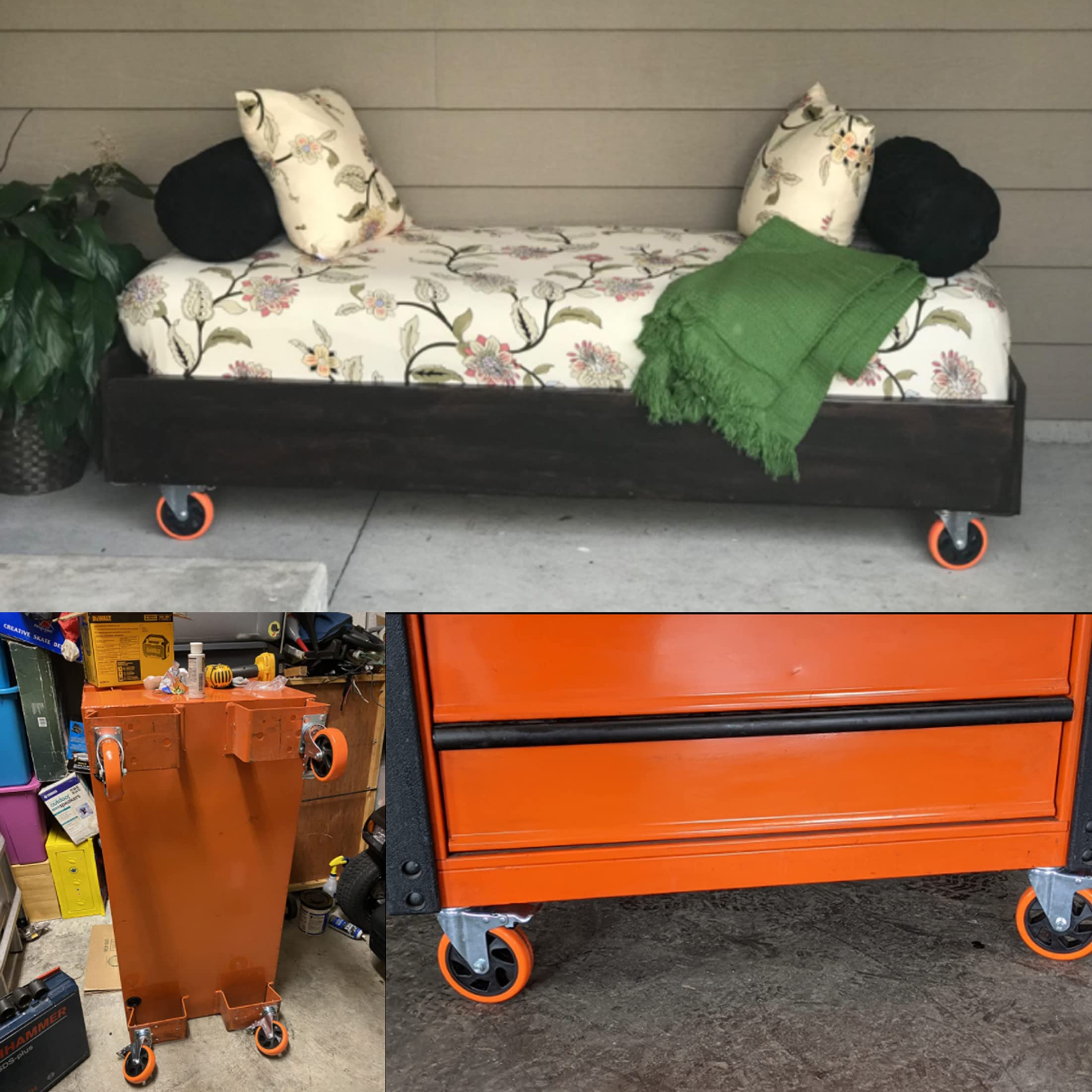 Lot de 4 roulettes pivotantes pour meubles, 100 mm, avec frein, 600 kg, pour charges lourdes, pour meubles, établi, chariot à outils, palettes, orange