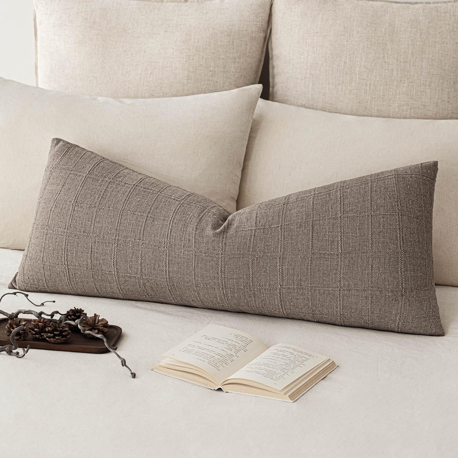 Foindtower Set of 1 Decorative Linen Check Throw Pillow Cover Neutral Long Body Lumbar Cushion Cover Farmhouse Vintage Boho Home Decor for Sofa Chair Couch Bedroom Living Room,14×36 Inch,Tan Taupe