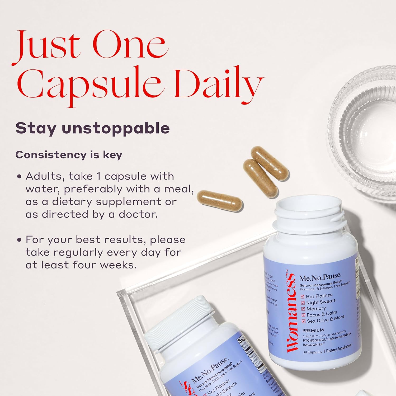 Womaness Menopause Supplements for Women - Hormone Balance for Women Perimenopause and Menopause - Ashwagandha, Pycnogenol and Bacognize for Hot Flashes, Brain Fog and Mood Hormone Free - 30 Capsules - Image 6