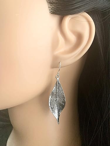 Miniatura 7 de Wavy Leaf on Sterling Silver Dangle Earrings Bohemian Boho