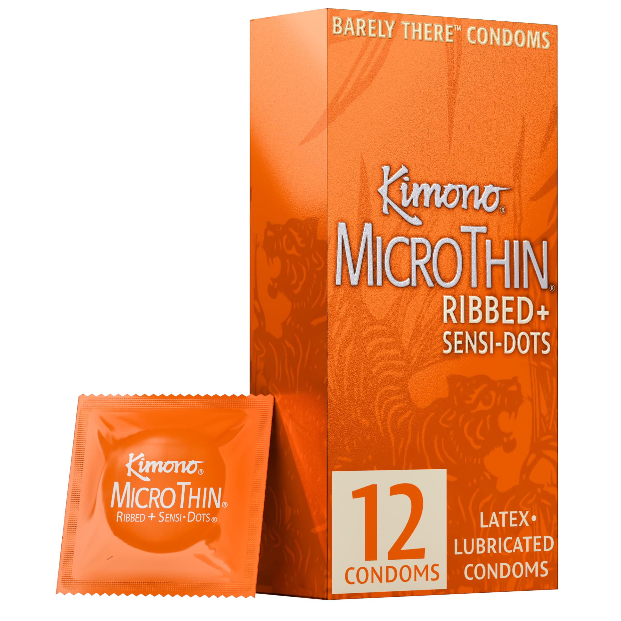 Kimono MicroThin Ribbed with Sensi-Dots Pack of 12 - Textured Lubricated Condoms, Snug Form-Fit, Natural Latex, Vegan-Friendly, No Latex Odor - Enhanced Sensitivity