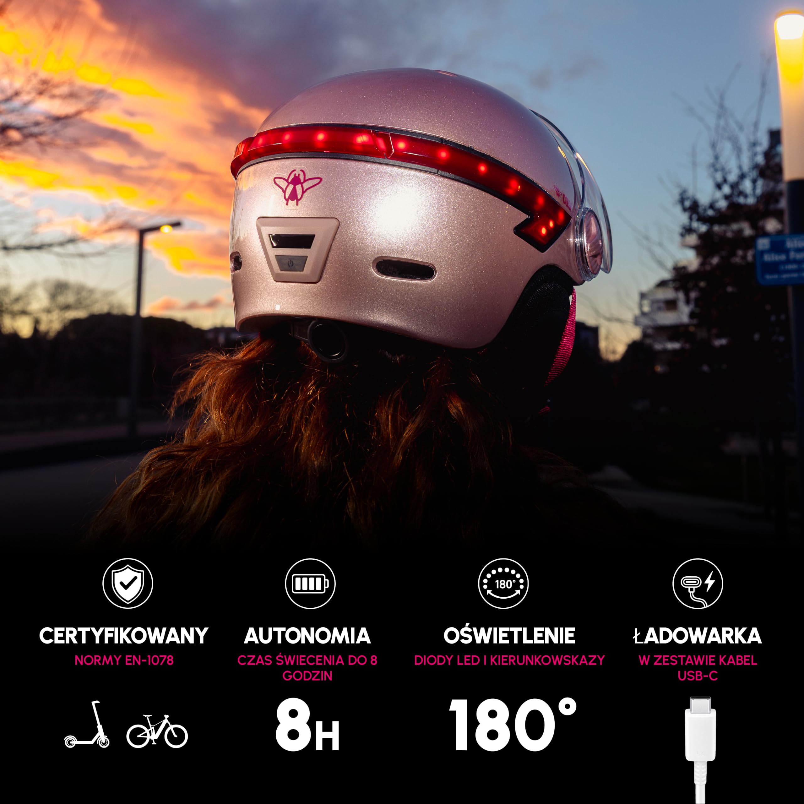 CASR Glow Kask rowerowy LED i hulajnogi, daszek XL i zdejmowane nauszniki, tylne kierunkowskazy i pilot zdalnego sterowania, ładny miejski design dla mężczyzn i kobiet, przezroczysty róż, rozmiar M