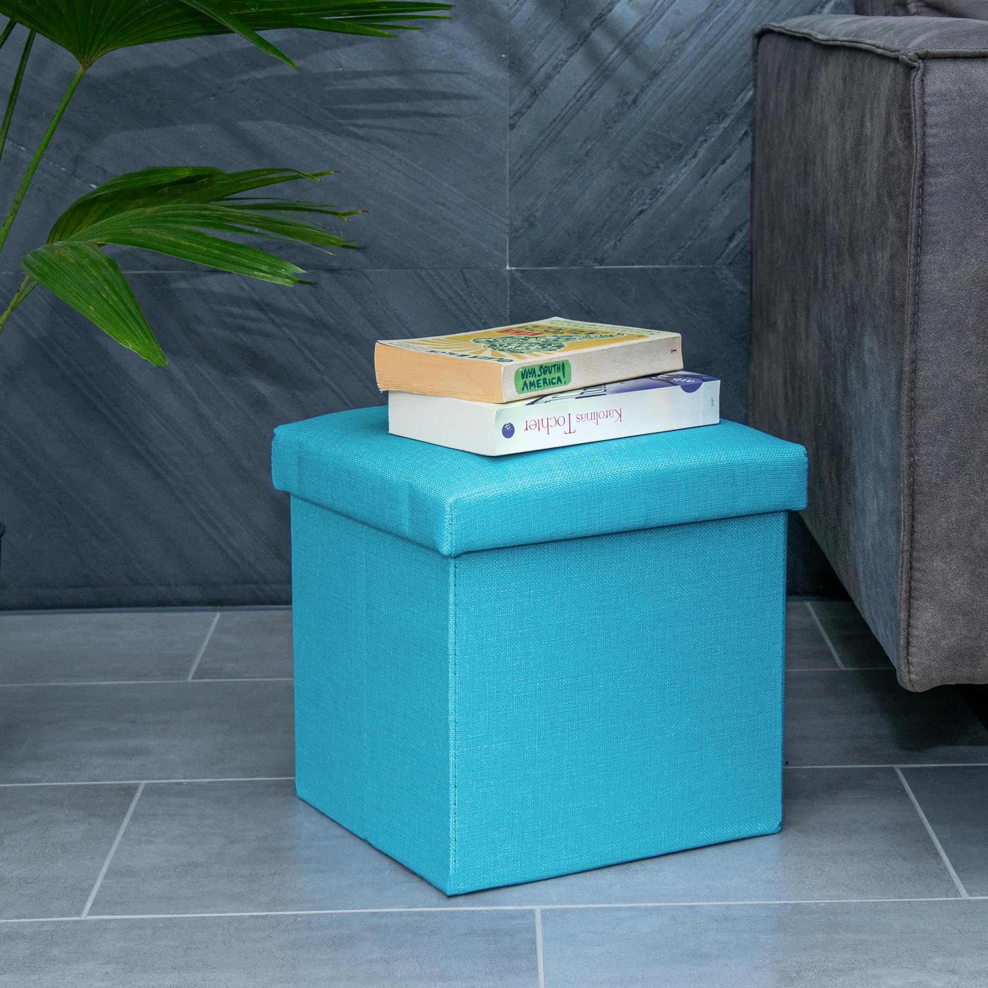 INTIRILIFE Pouf Pieghevole 30x30x30 cm in Blu Celeste - Cassapanca Cubo Contenitore Imbottito de Tessuto a l'Ottica Lino con Coperchio - Ottomane Poggapiedi Sgabello Panca Poltrona