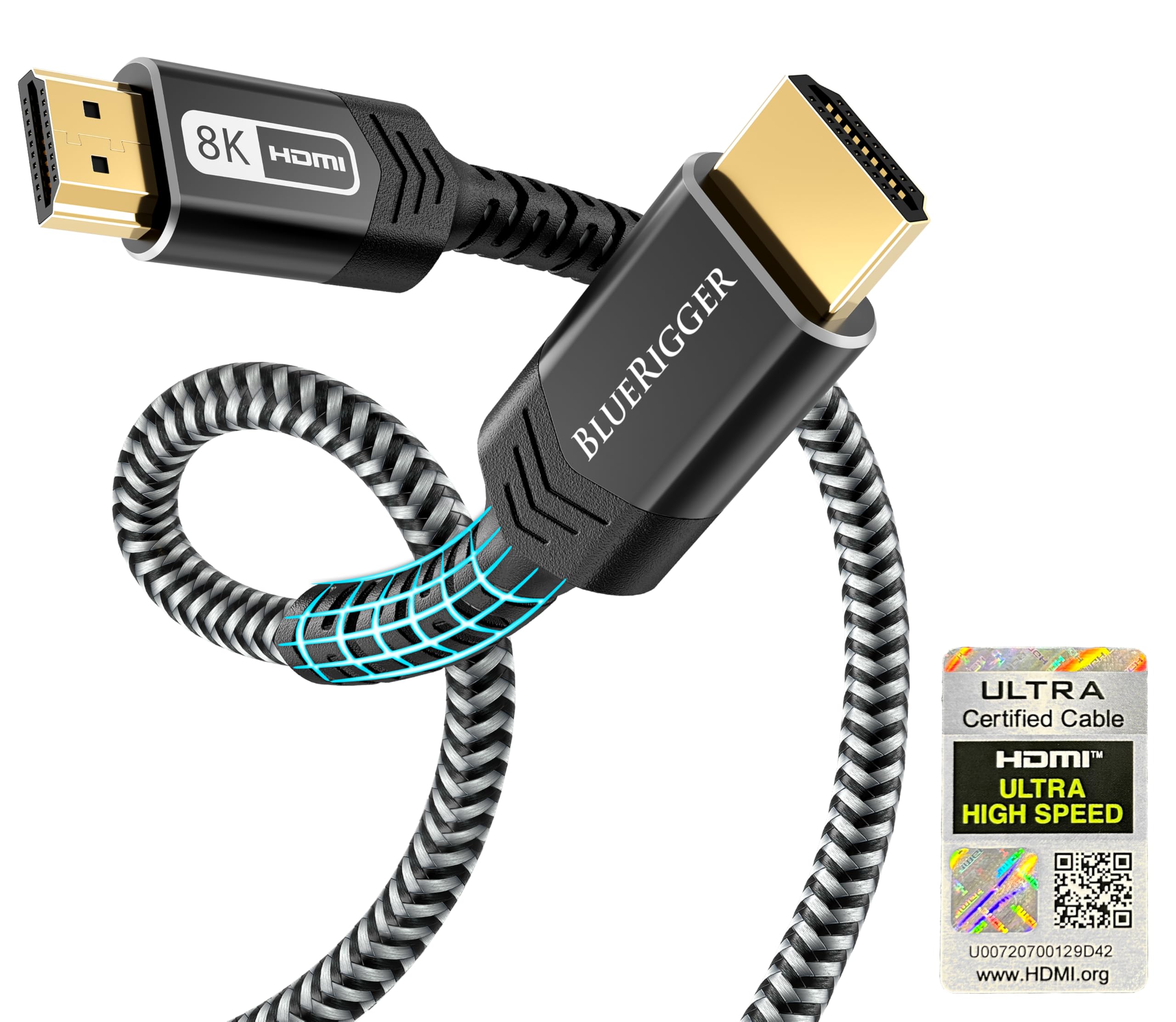 BlueRigger 10K 8K Certified HDMI 2.1 Cable 48Gbps (3FT, 8K 60Hz, 4K 120Hz, eARC, HDR10 VRR HDCP 2.3) Certified Ultra High Speed HDMI Cable Braided Cord - For Gaming PS5 Xbox Series X Roku HDTV Monitor