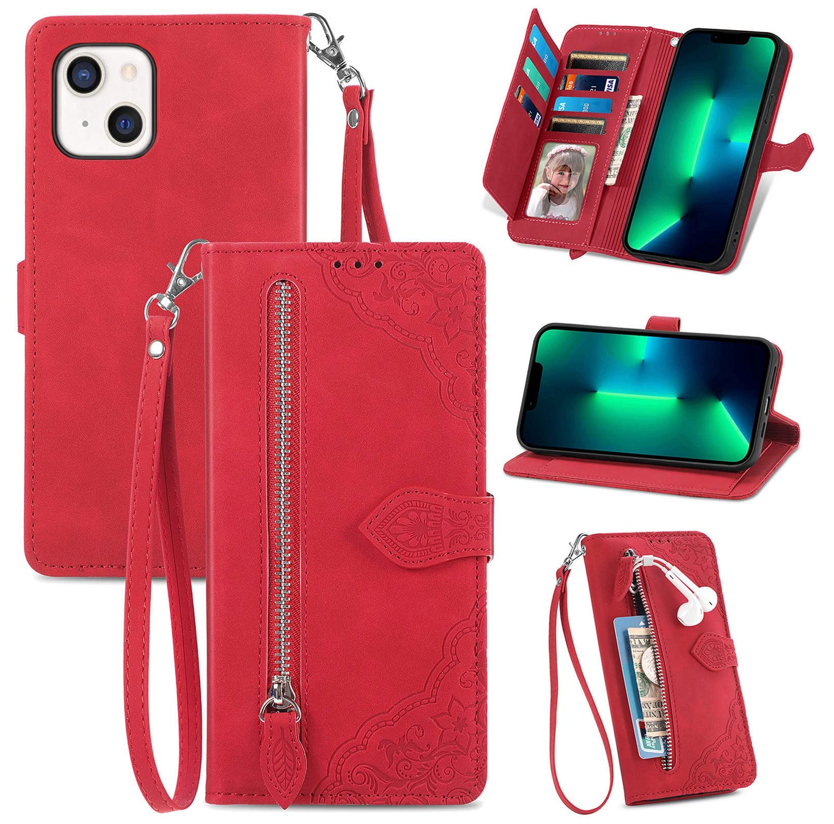 Hancda Case for iPhone 13, Wallet Case Leather Cover Flowers Pattern Design with Card Holder Slot Strap Zipper Pocket Magnetic Book Style Shockproof Slim Flip Case for iPhone 13,Red