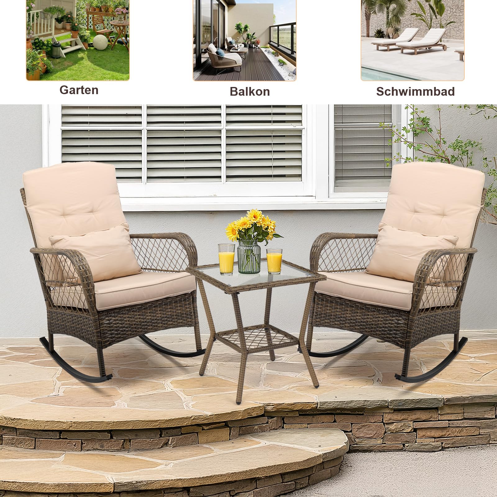 LEADZM Gartenmöbel Set für 2 Personen，Polyrattan Balkonmöbel 3-teiliges Set, Wetterfest, Komfortabel & Lässig, 2 Schaukelstühle & Tisch, für Garten, Balkon, Terrasse,Beige