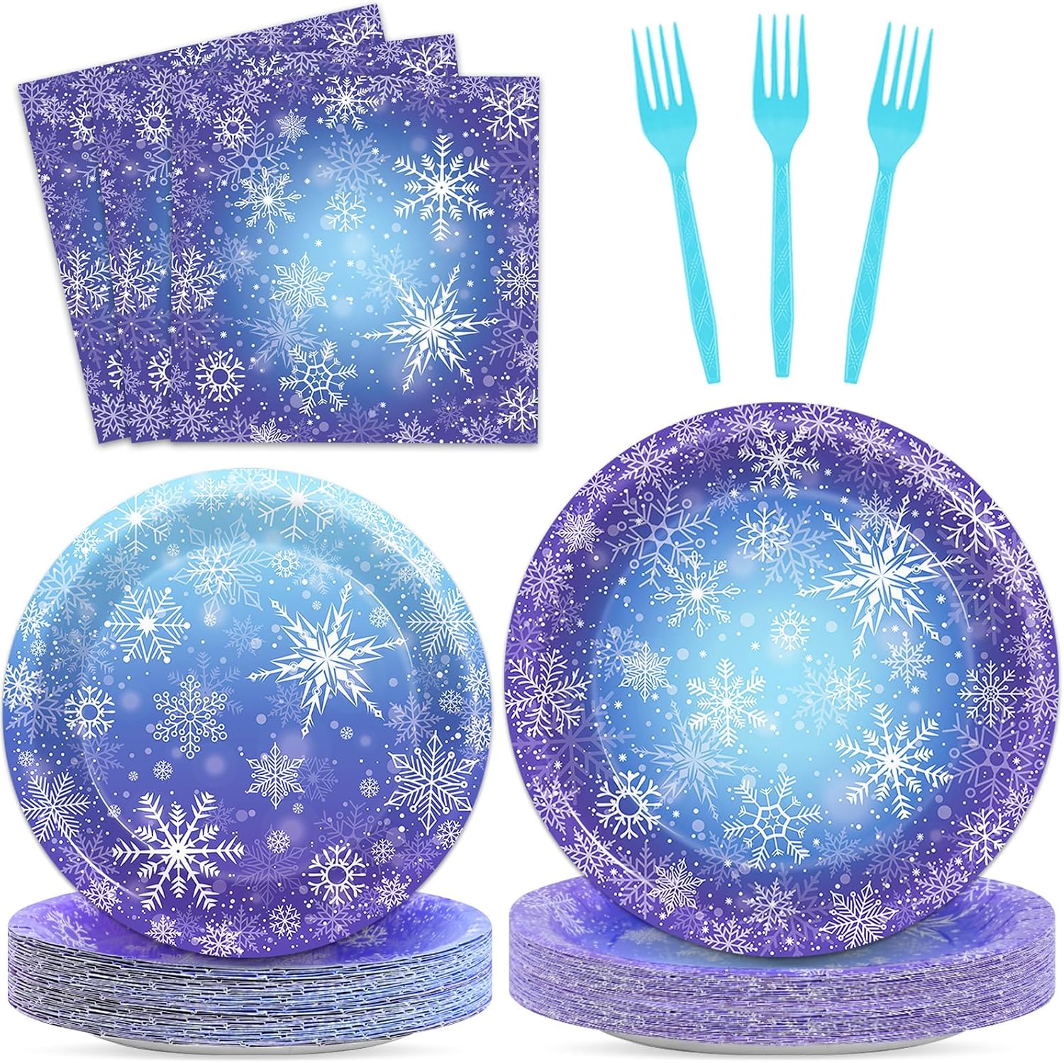Naozinebi Winter Snowflake Party Plates Napkins Winter Wonderland Paper Plates Blue Purple Snowflake Party Disposable Dinnerware for Holiday New Year Birthday Supplies Serve 24