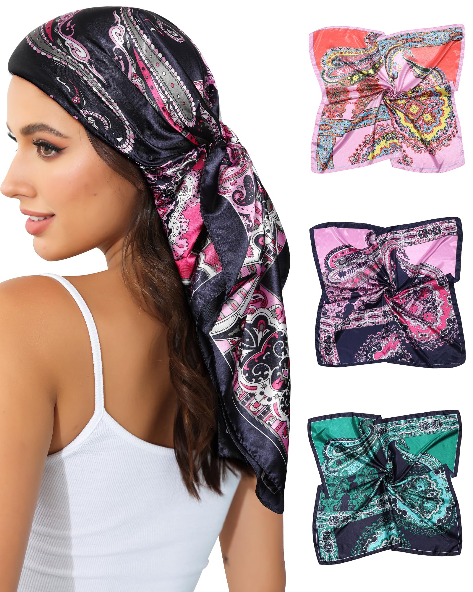 AWAYTR35” Satin Head Scarf for Women 3Pcs Silk Scarf for Hair Scarf Satin Hair Bandana Women Headscarf Hair Wrap Scarf Neck