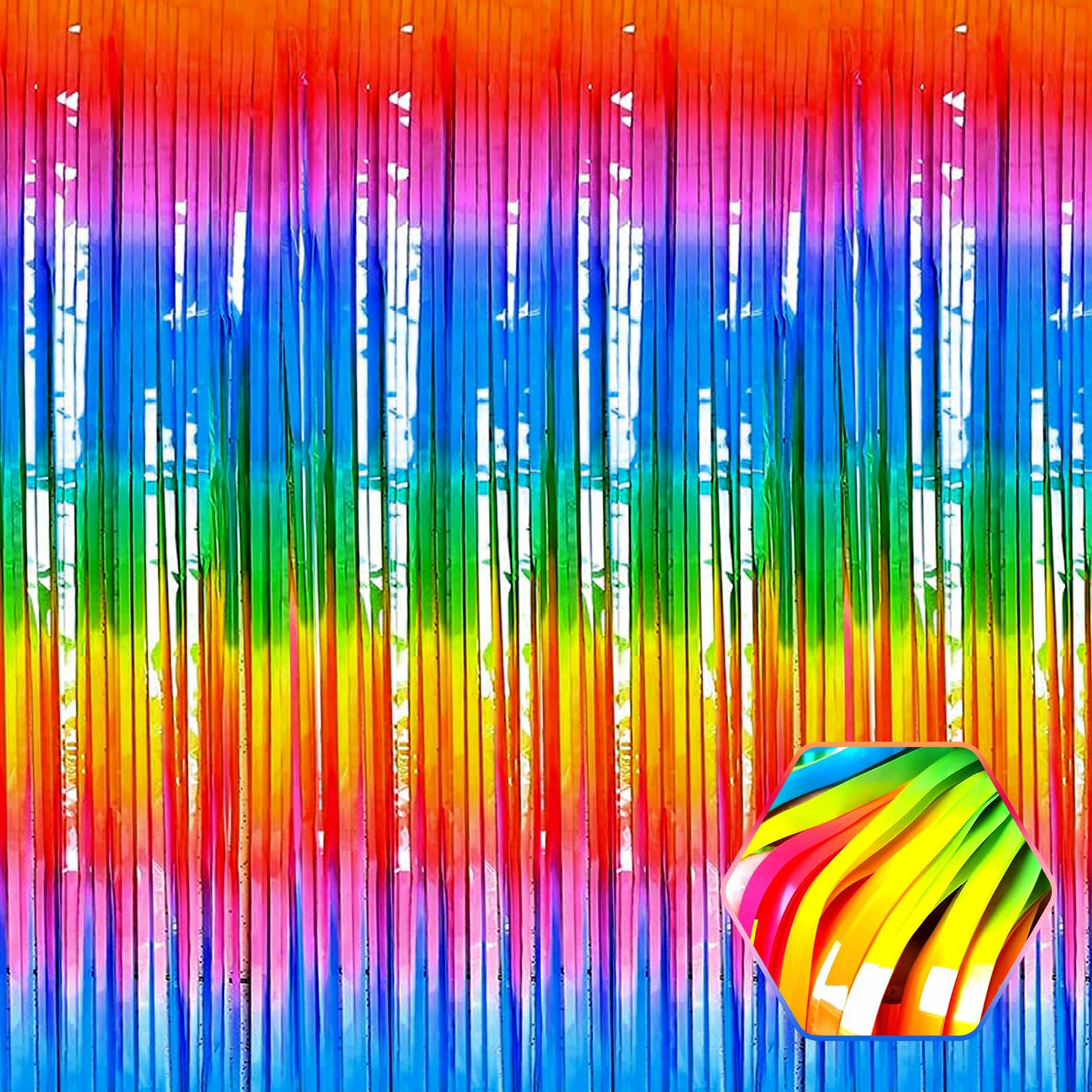 6 Pack Dark Rainbow Foil Fringe Curtain Backdrop, 3.28Ft x 9.8Ft Metallic Tinsel Foil Fringe Streamer Curtains for Photo Booth, Christmas Day, Thanksgiving, Wedding, New Year Party Decorations