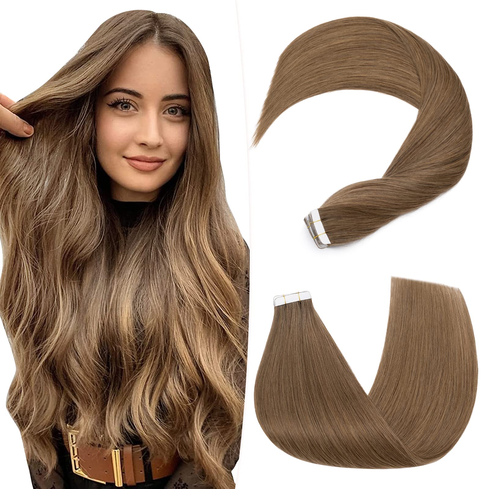 Hairro Tape In Human Hair Extension Remy Tape Ins Glue In Hairpieces Skin Weft Tape On Hair Extensions Long Straight Strong Double Sided Tape Hairpieces For Women 16 inch 50g 20pcs #06 Light Brown