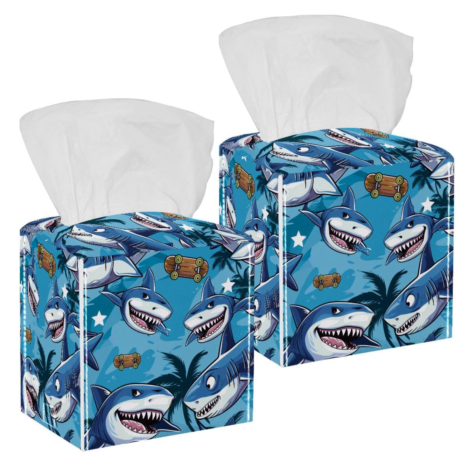 Cartoon Shark Tissue Box Cover, 2 Pack PU Leather Square Facial Tissue Dispenser Box holder for Home Office Car