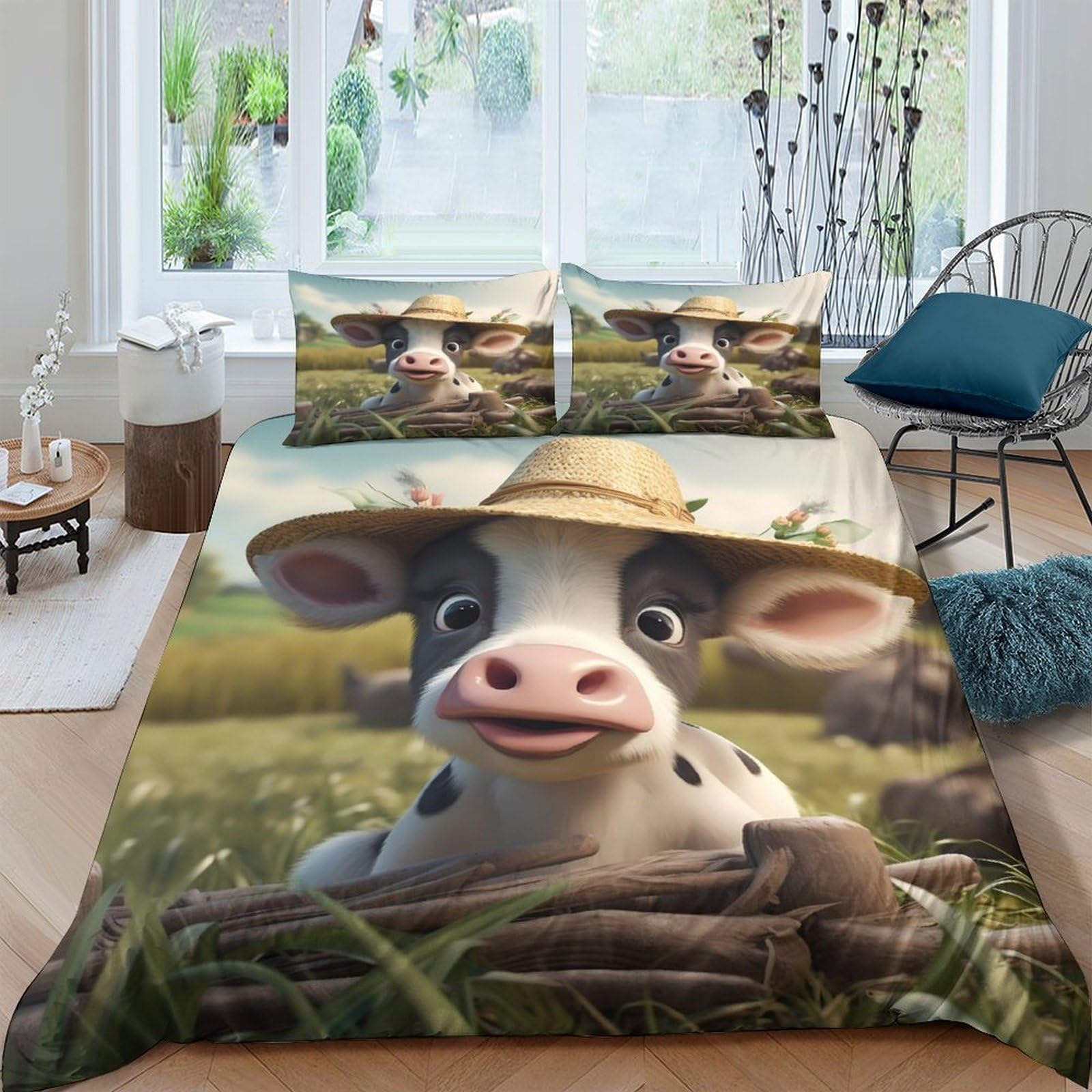 Ctjqhvkz Style-1 3D Printed Cartoon Cow Fitted Sheet Microfiber Soft Breathable Pastoral Farm Mattress Cover For Bedroom Decor Single（135X200cm）