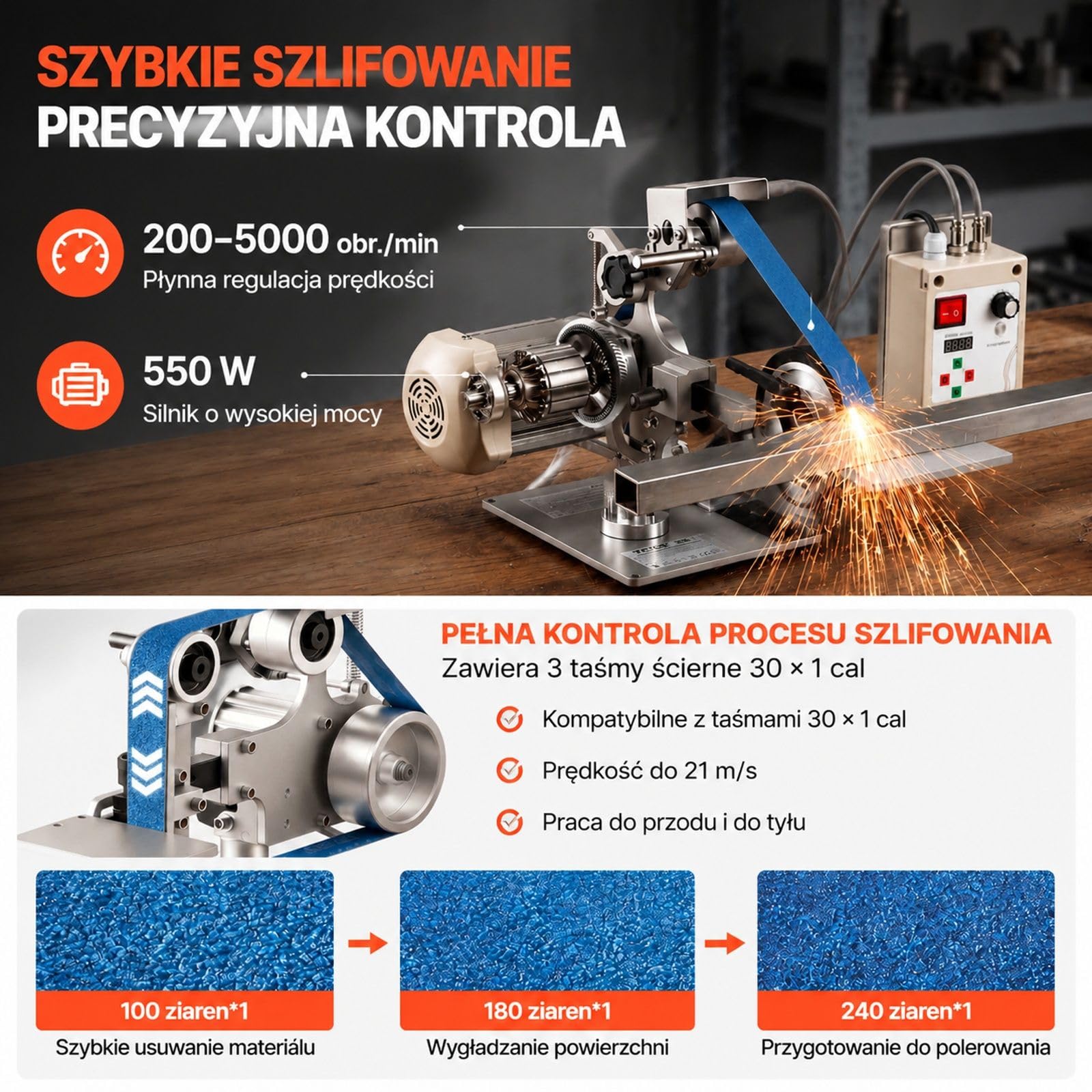 Stacjonarna szlifierka taśmowa 550 W z 3 pasami ściernymi, regulacja 200–5000 obr/min, praca pionowa lub pozioma do metalu i drewna