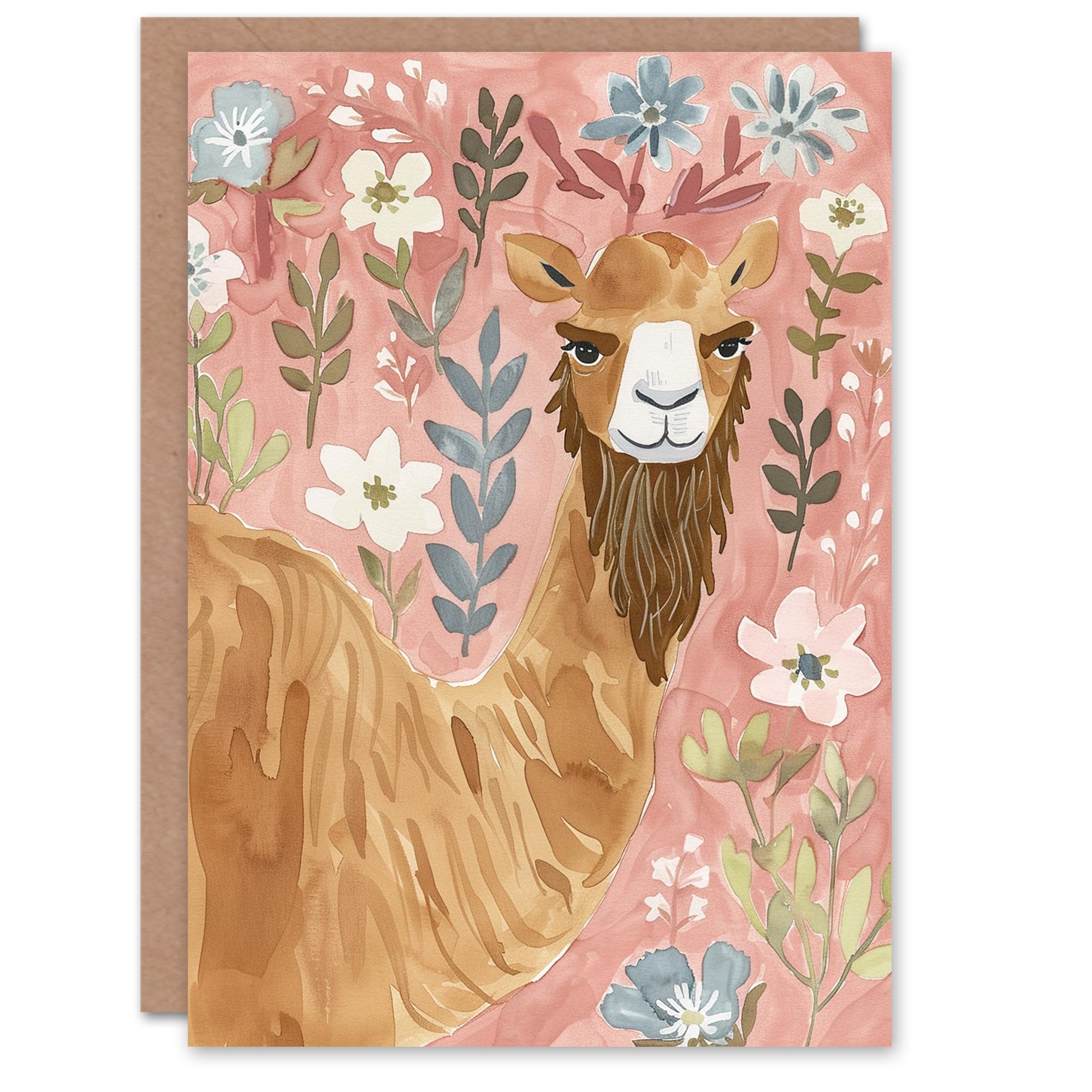 Artery8 Grumpy Bearded Camel Cartoon Floral Watercolour Blank For Him Or Her Art Birthday Card