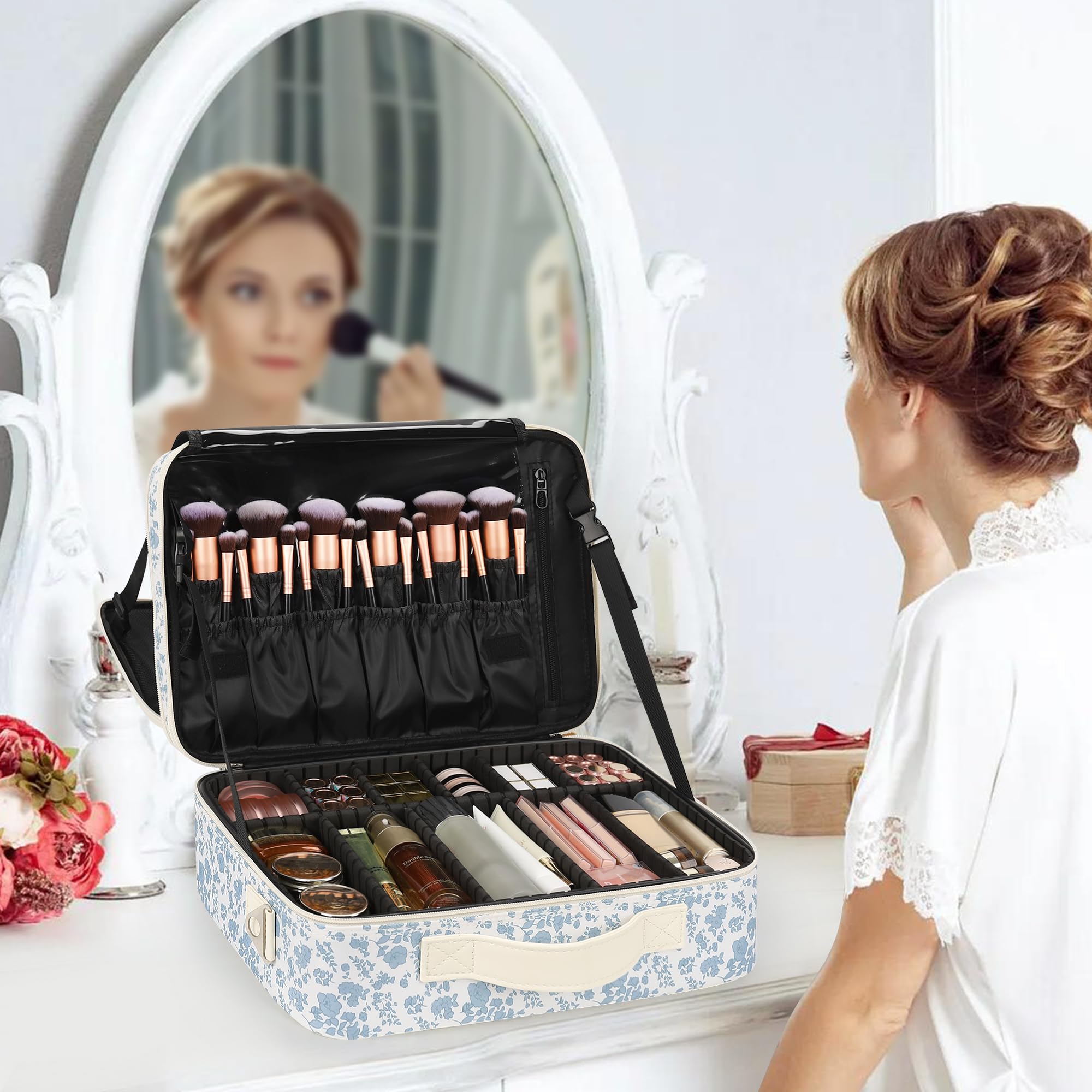 Relavel Trousse de maquillage de voyage avec séparateurs réglables pour cosmétiques, pinceaux de maquillage, articles de toilette, bijoux, imprimé floral, Grand, Grande trousse de maquillage