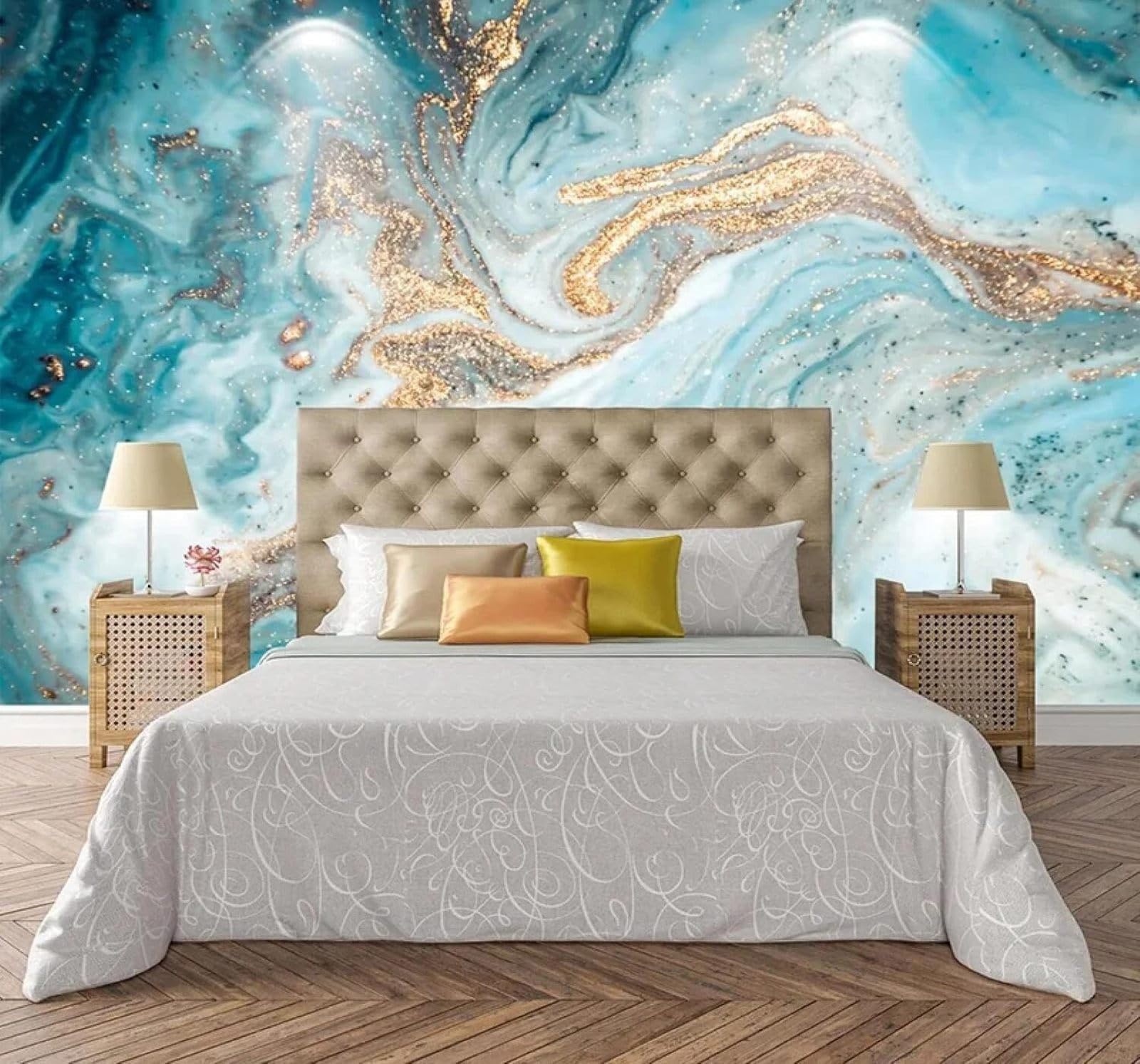 XLMING Abstract Gold Blue Ink Marble Effect 3D Wallpaper Luxury Home Dining Decor Paste Sofa Living Room The Wall for Bedroom Mural-300cm×210cm
