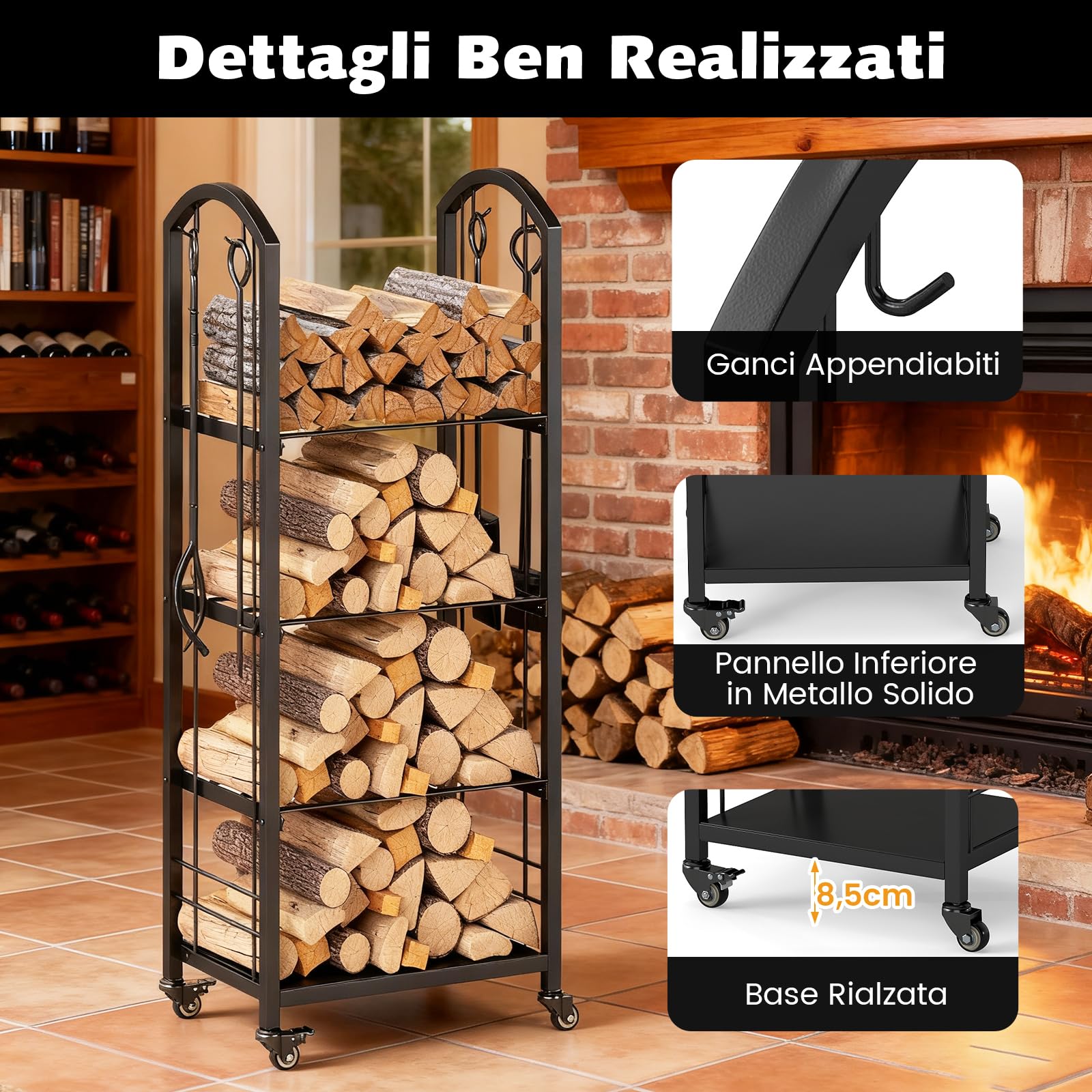 COSTWAY Porta Legna da Ardere a 3/4 Ripiani con Ruote, Portalegna da Interno ed Esterno con Attizzatoio, Paletta, Scopa e Pinza, Legnaia Resistente alla Corrosione e alle Intemperie (47 x 33 x 122 cm)