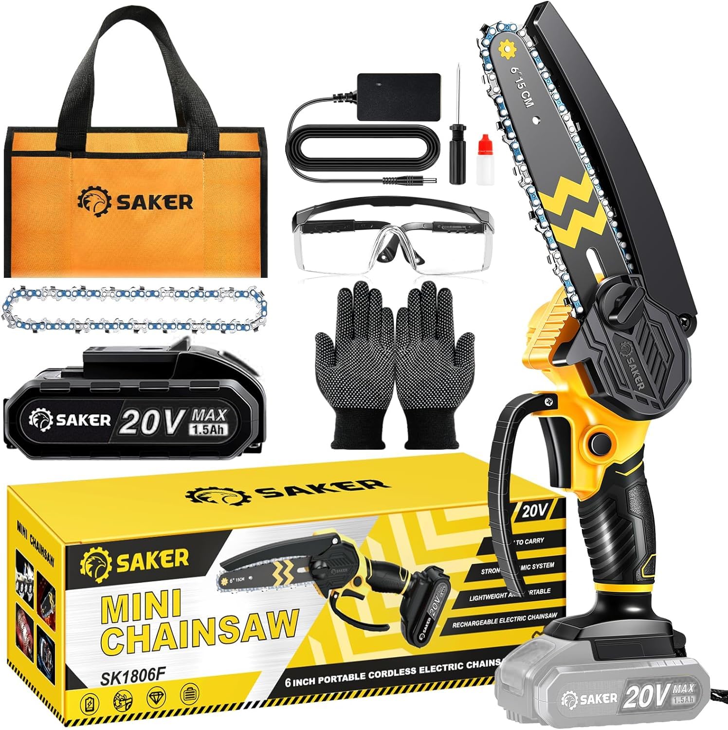 Saker Mini Chainsaw Cordless 6-Inch-Switch Security Lock-Cordless Power Chain Saws-Handheld Small Chainsaw for Cutting Wood Trimming and Woodworking- Mini Chain Saw Cordless with 1 Battery